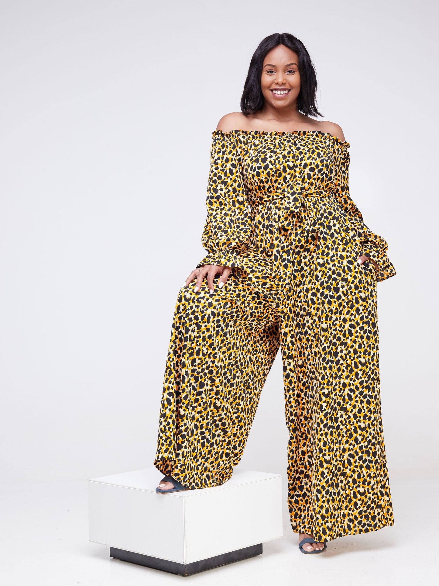 Vivo Jema Off-shoulder Long Sleeve Jumpsuit - Orange / Black Animal Print
