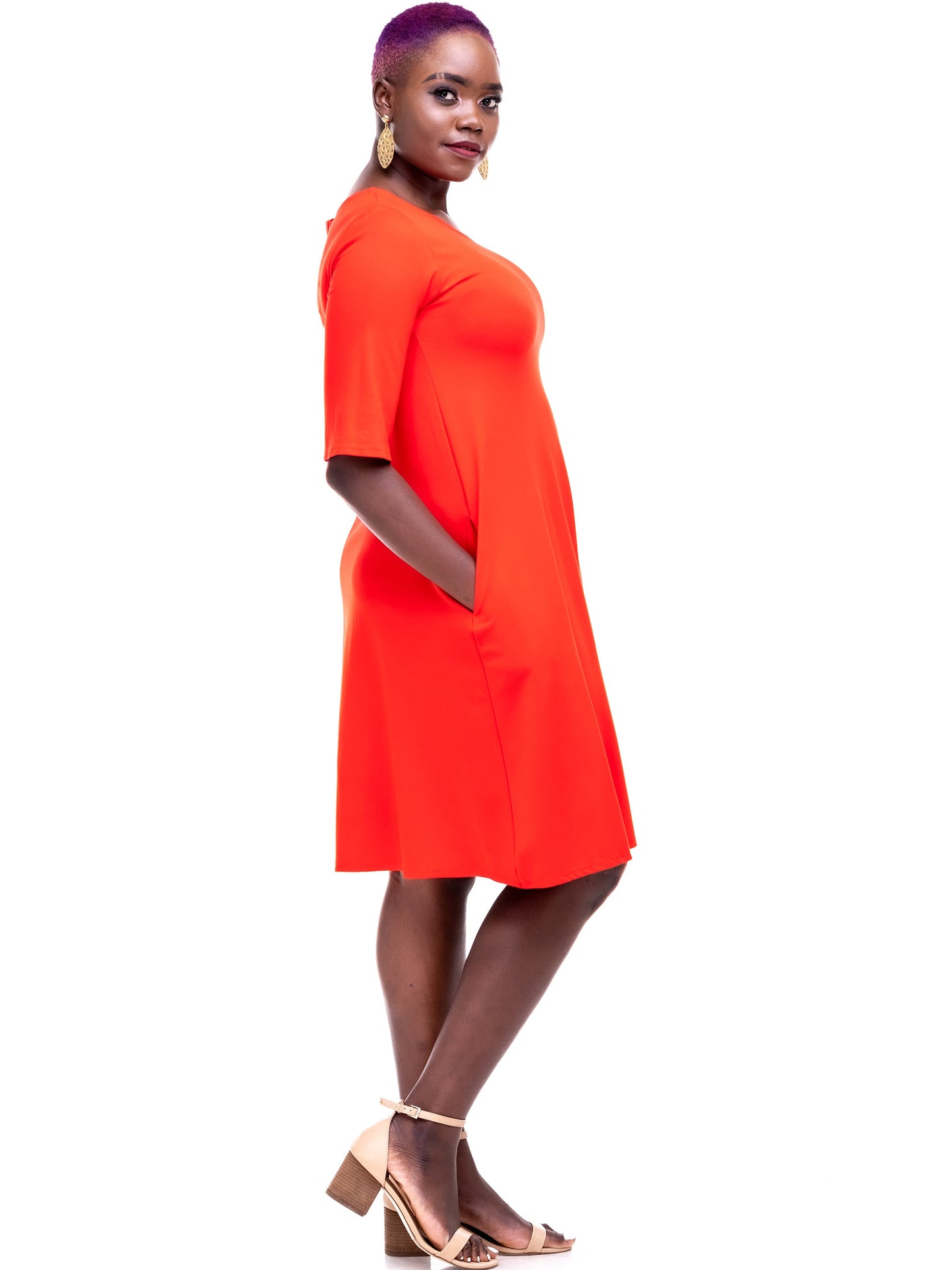 Vivo Basic 3/4 Sleeve Kena Tent Knee Length Dress - Orange