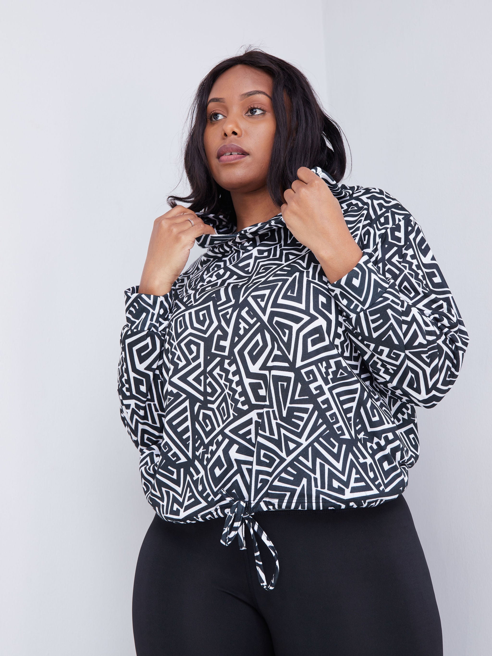 Vivo Fitness Hoodie - Black / White Geometric Print