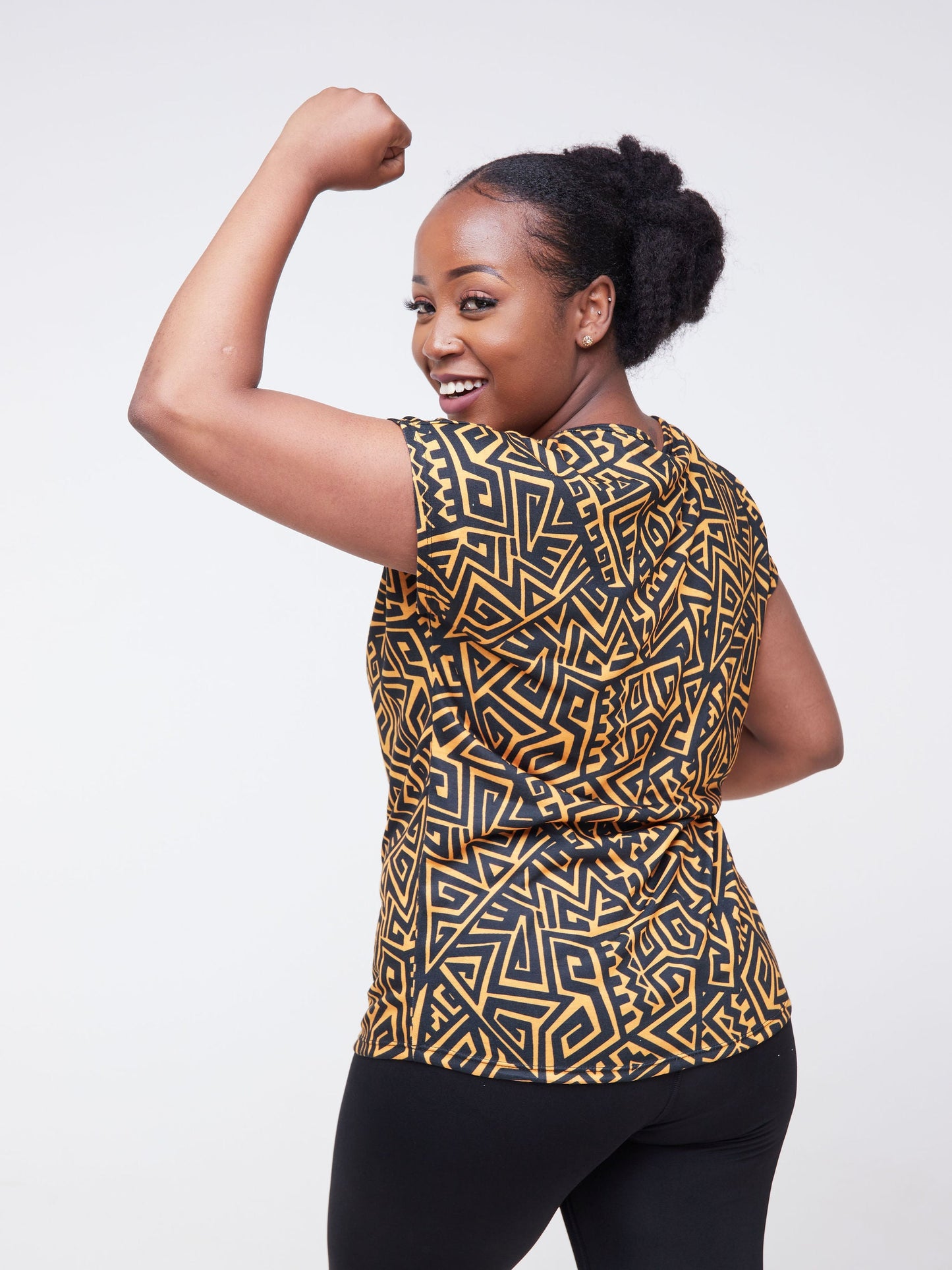 Vivo Fitness Drop Shoulder Top - Black / Mustard Abstract Print