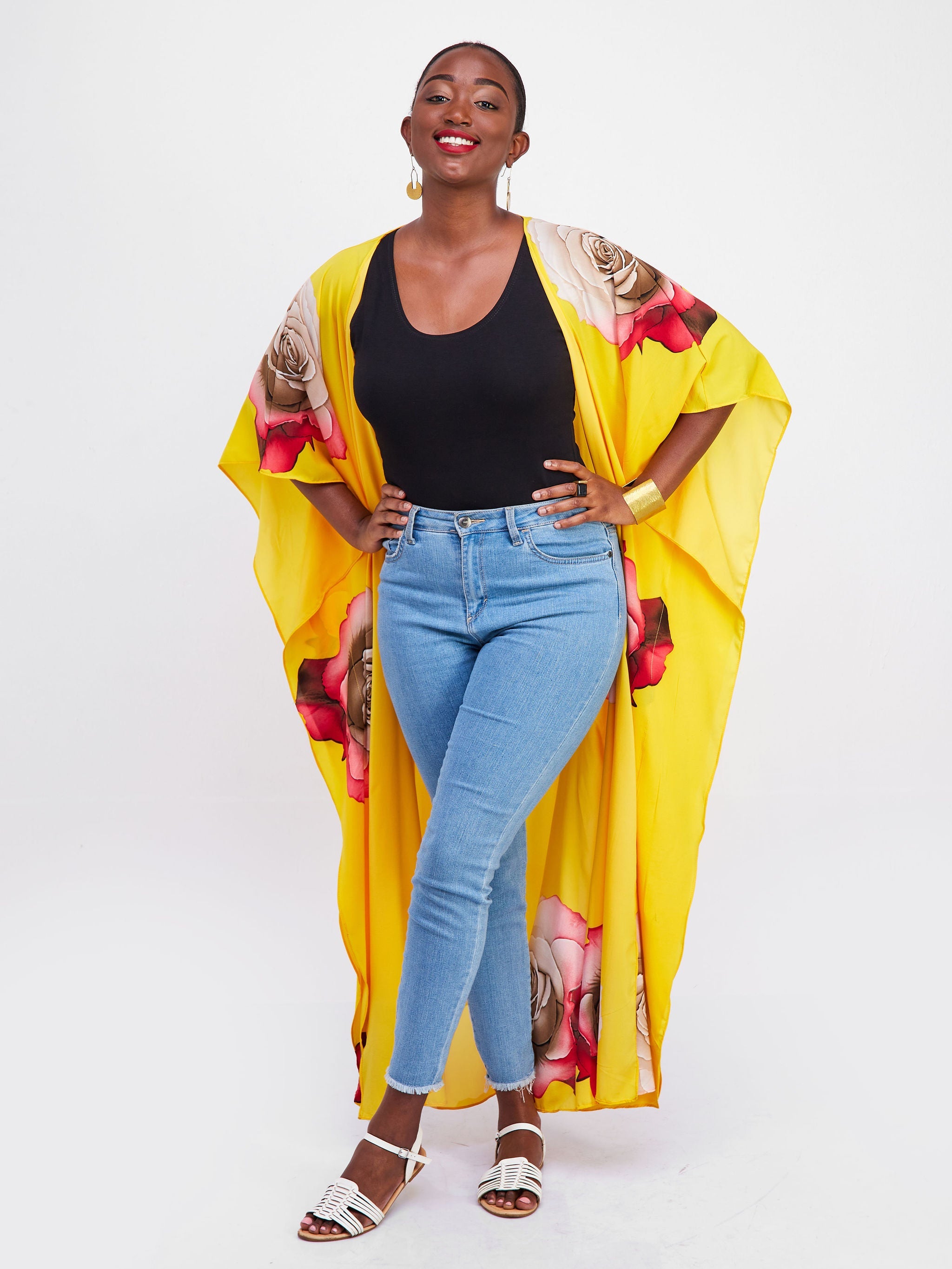 Safari Maisha Maxi Kimono Cover-Up - Yellow / Red Floral Print