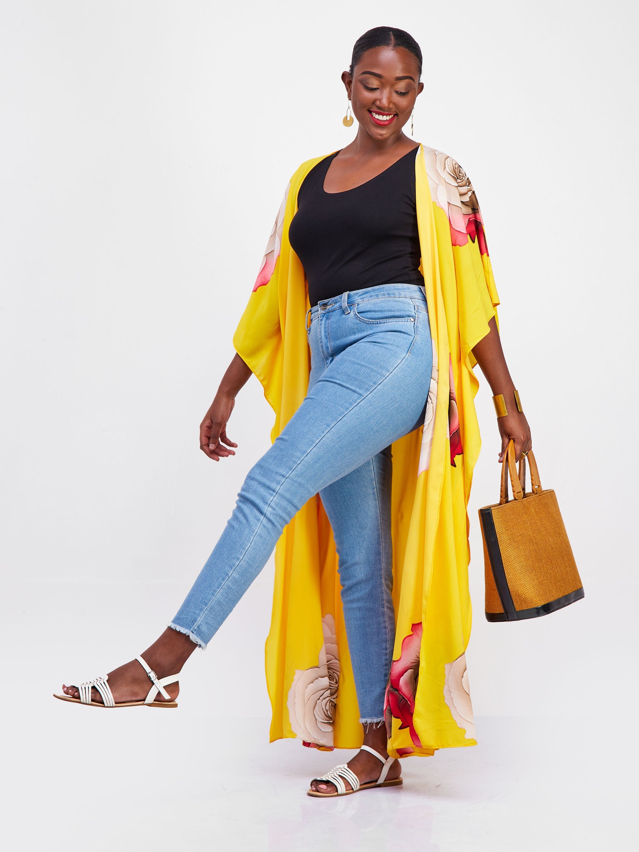 Safari Maisha Maxi Kimono Cover-Up - Yellow / Red Floral Print