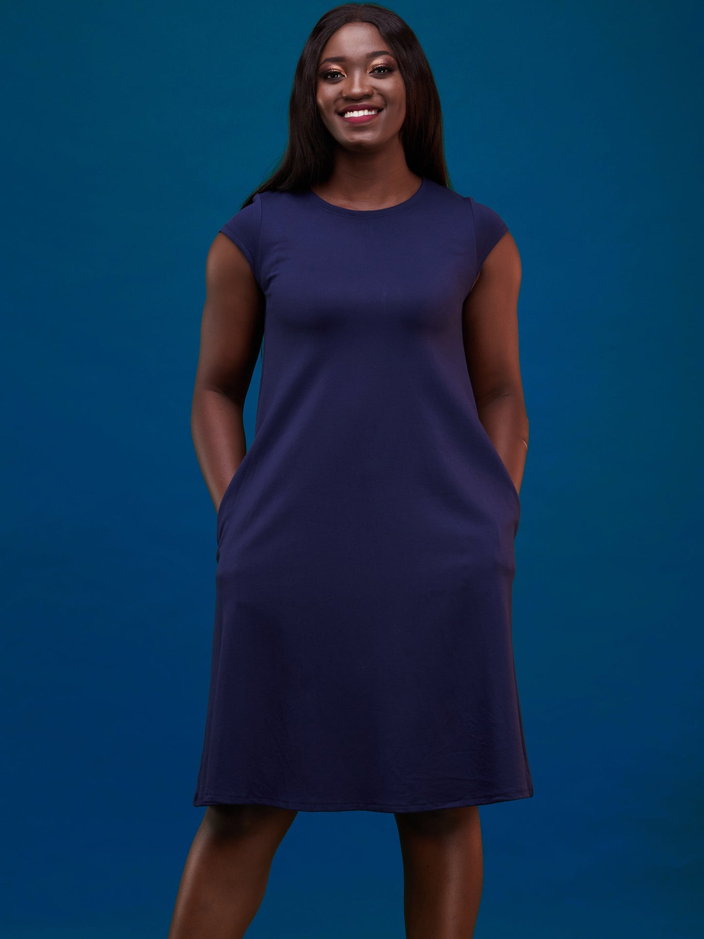 Vivo Basic Kena Tent Knee Length Dress - Navy Blue