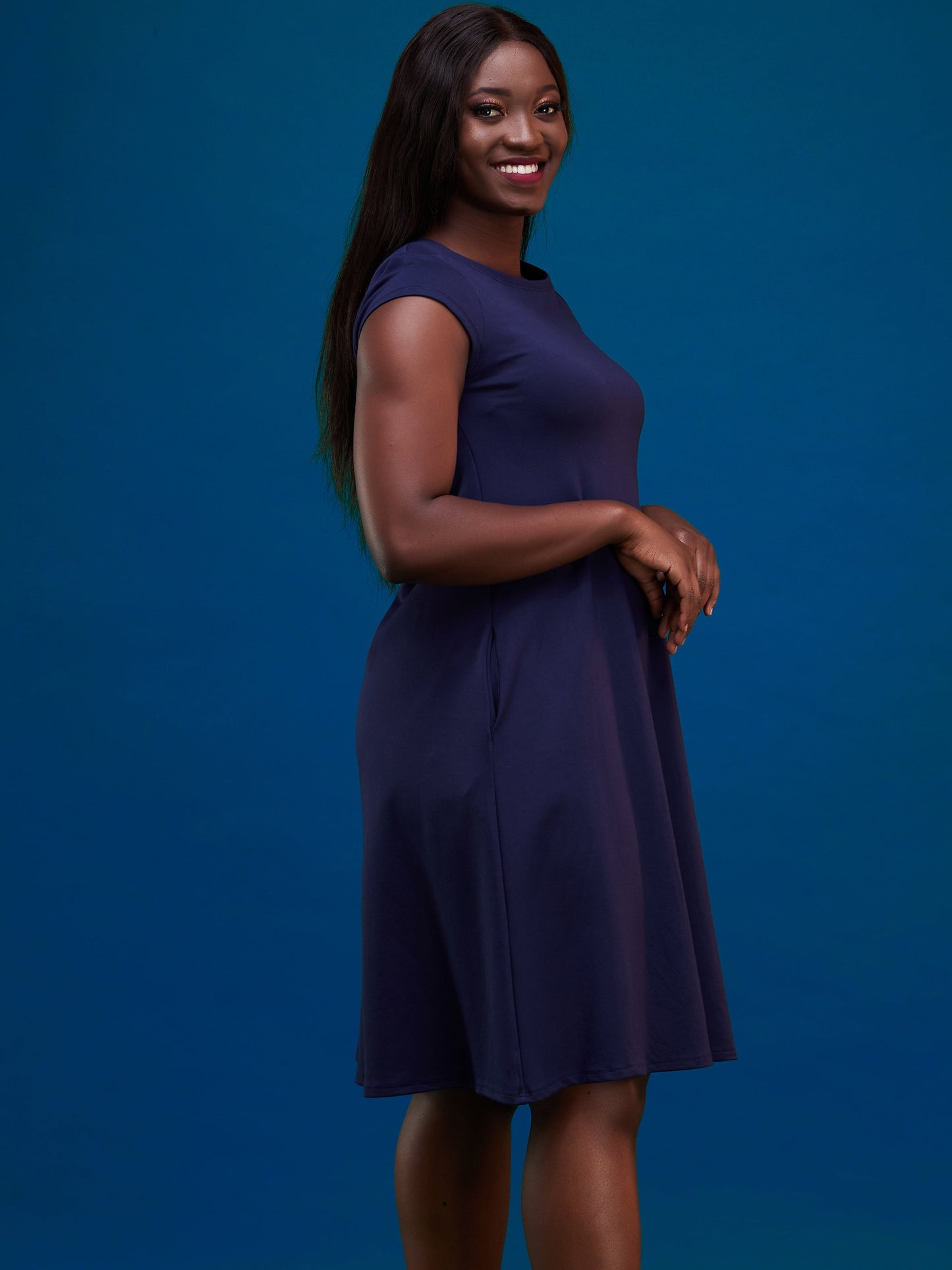 Vivo Basic Kena Tent Knee Length Dress - Navy Blue