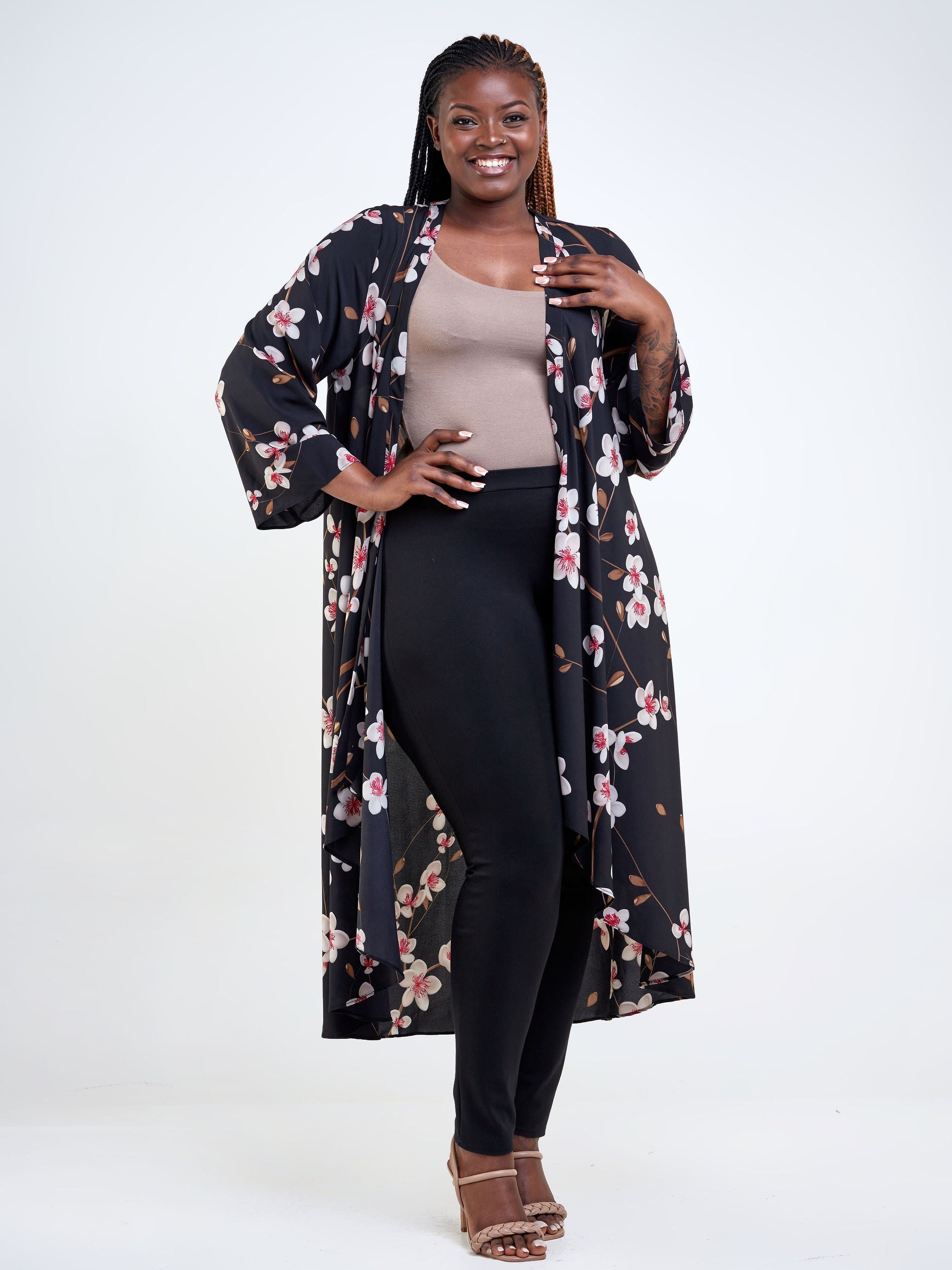 Vivo Maisha Long Sleeve High Low Kimono - Black / Red Floral Print