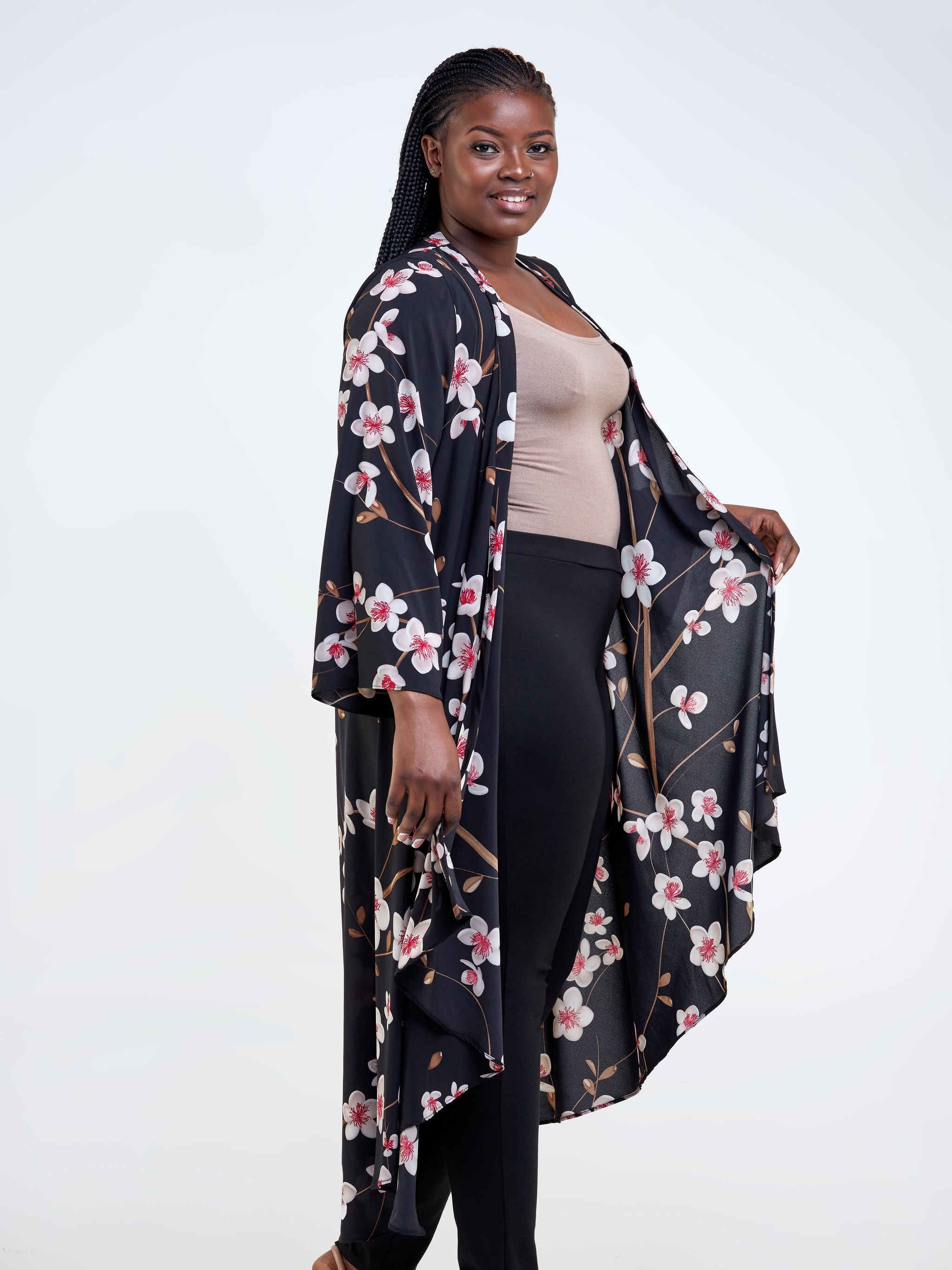 Vivo Maisha Long Sleeve High Low Kimono - Black / Red Floral Print