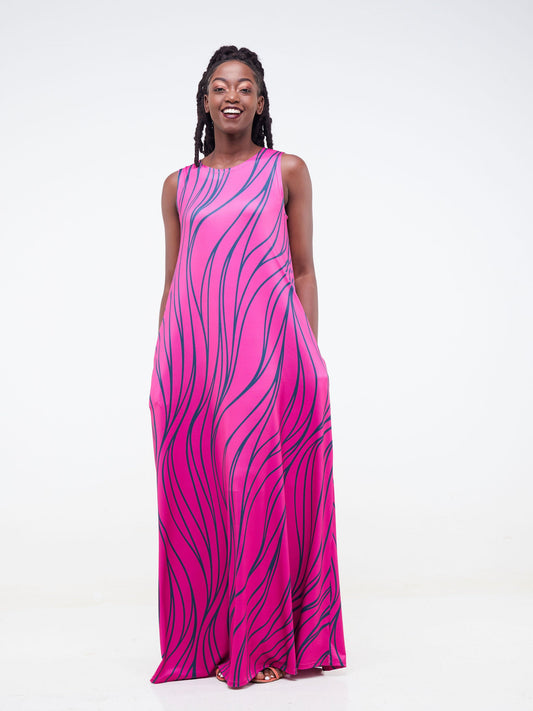 Vivo Lumi Back Pleat Maxi Dress - Pink / Teal Wave Print