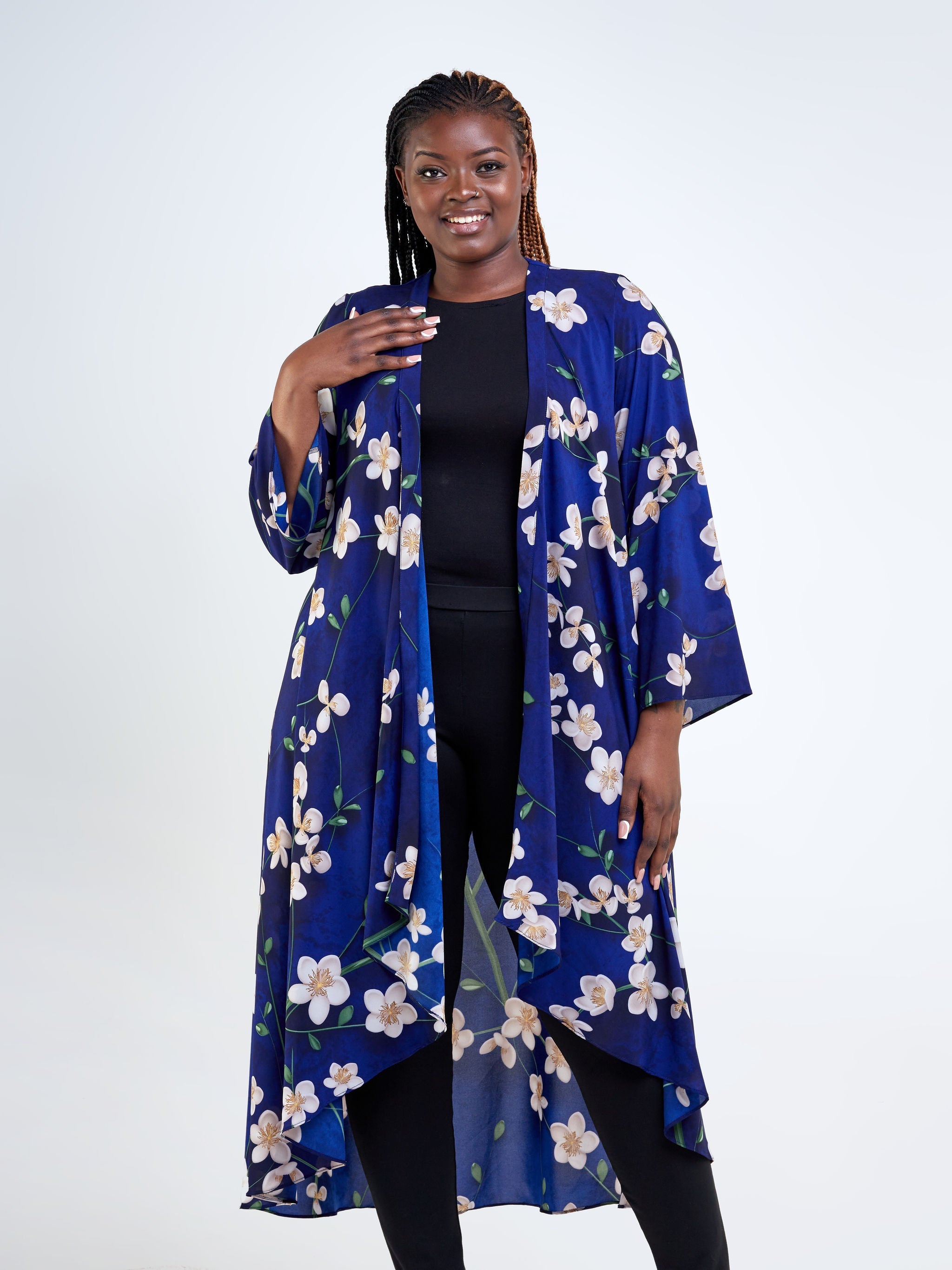 Vivo Maisha Long Sleeve High Low Kimono - Navy Blue / Taupe Floral Print