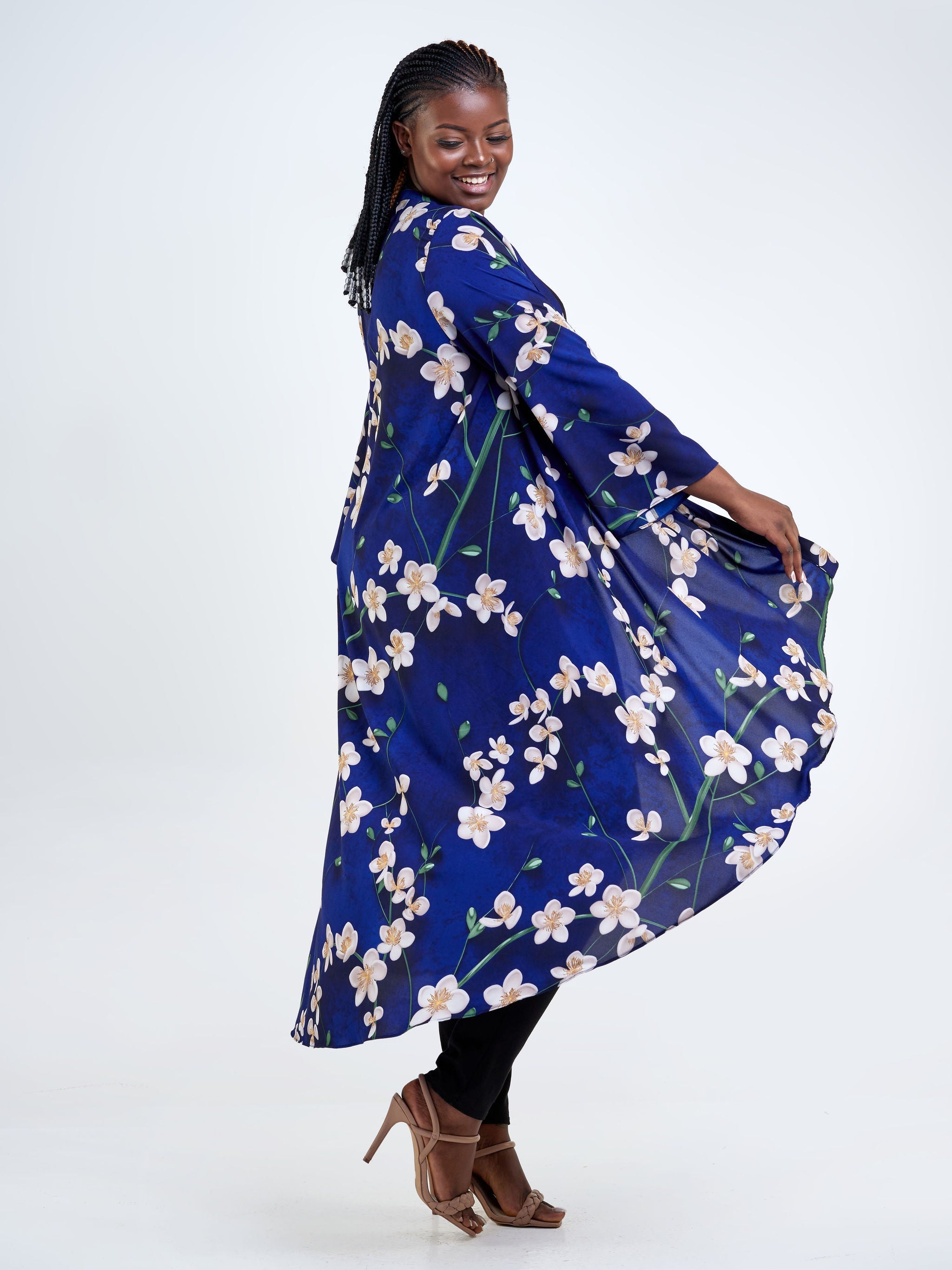 Vivo Maisha Long Sleeve High Low Kimono - Navy Blue / Taupe Floral Print