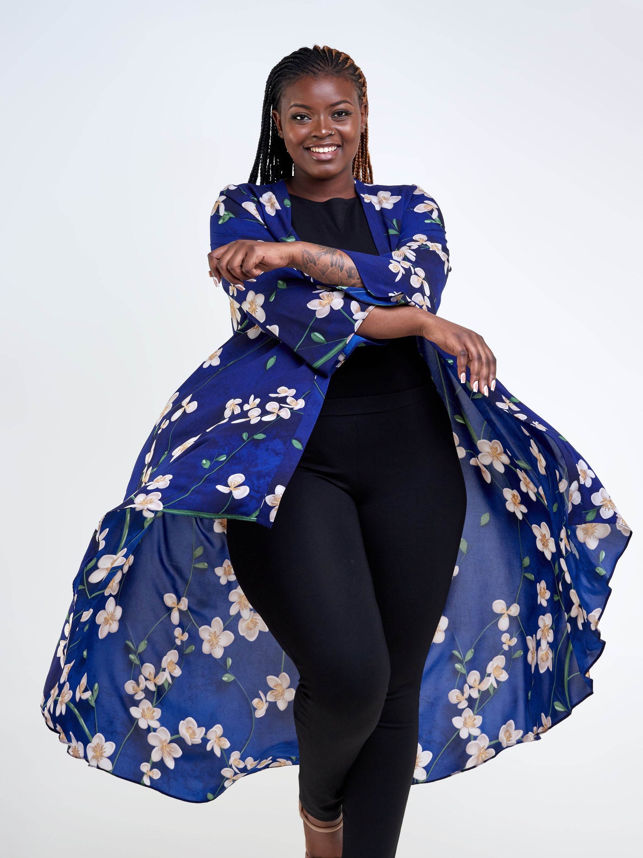 Vivo Maisha Long Sleeve High Low Kimono - Navy Blue / Taupe Floral Print