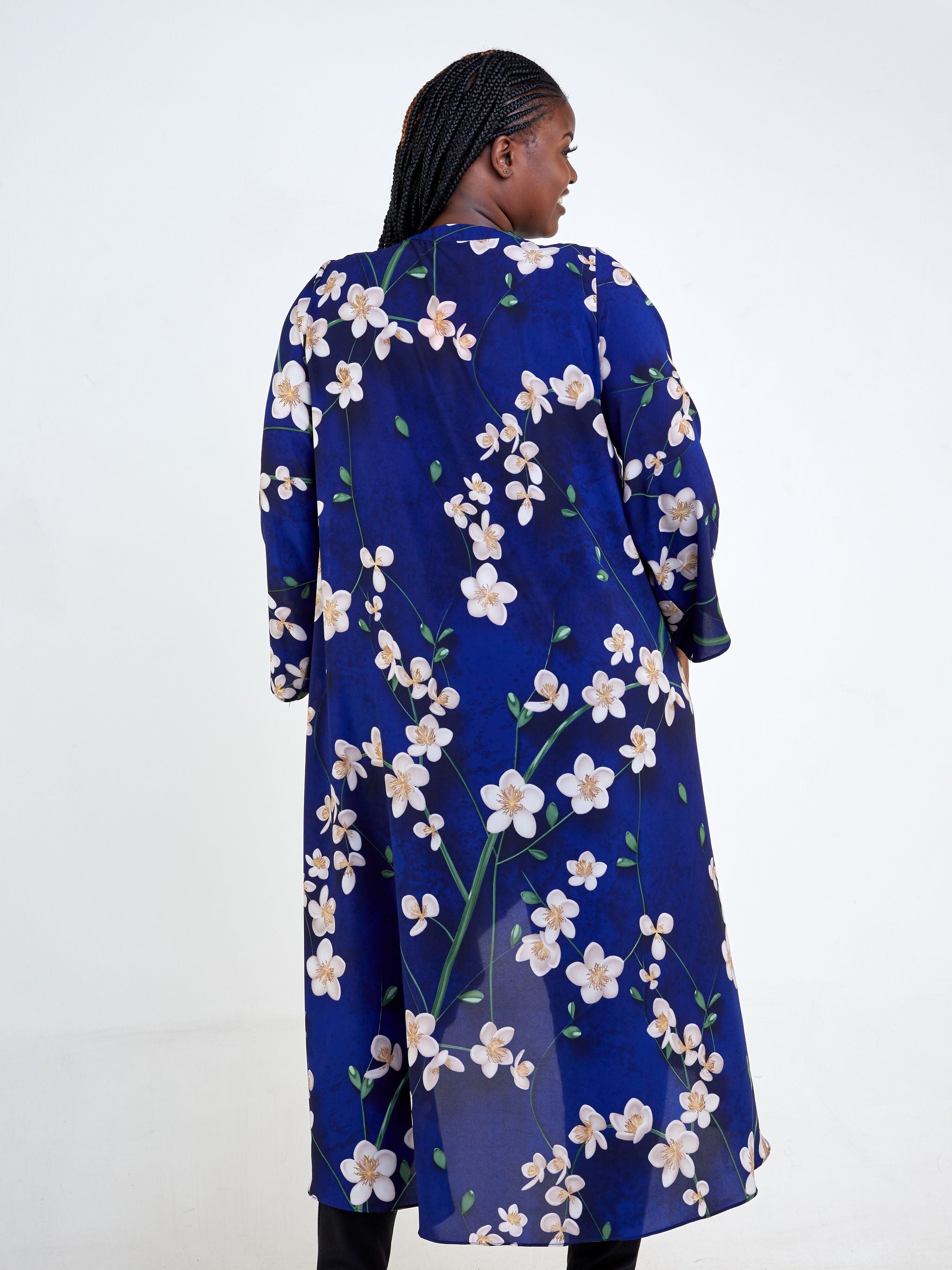 Vivo Maisha Long Sleeve High Low Kimono - Navy Blue / Taupe Floral Print