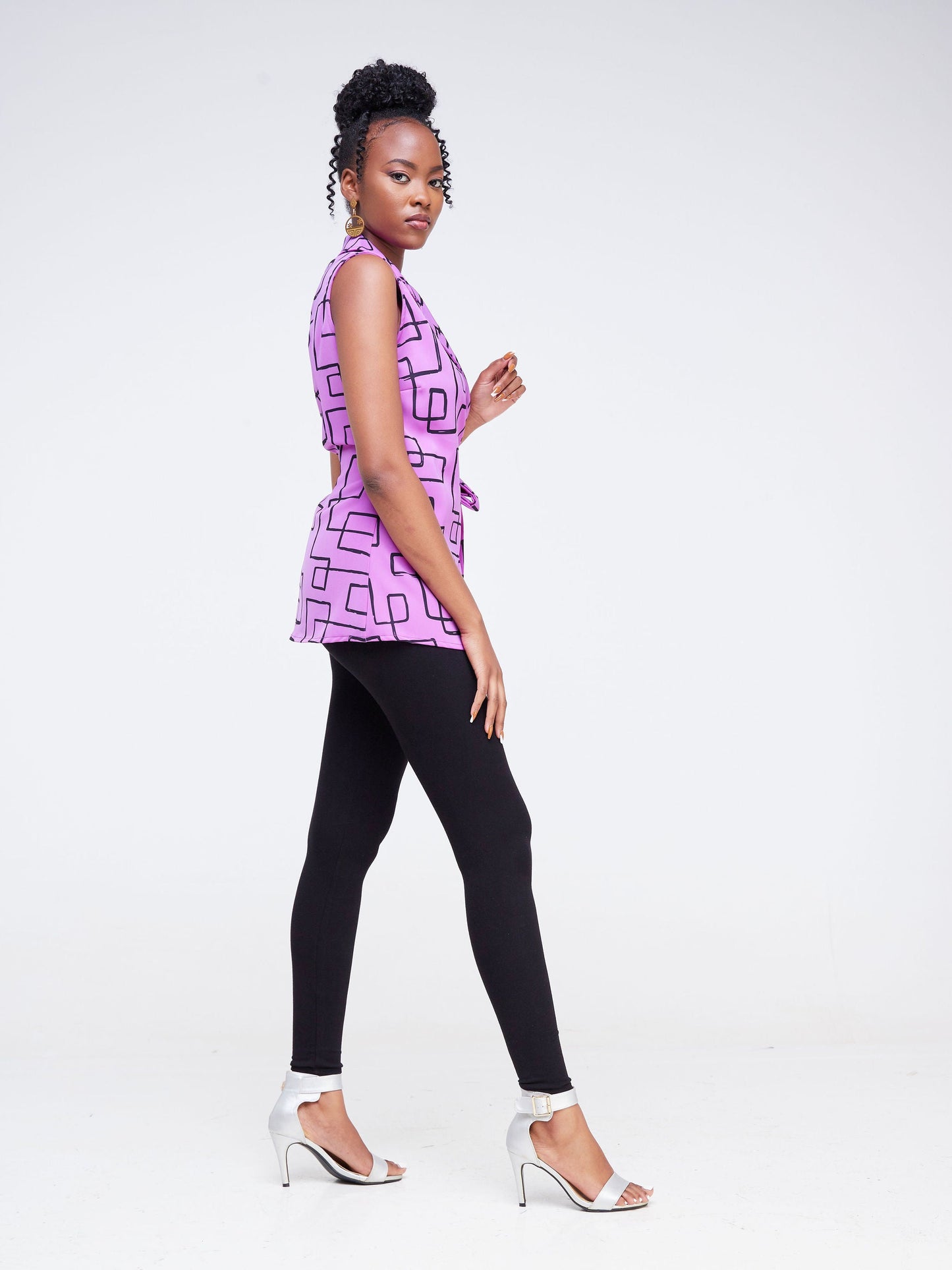 Vivo Fahari Collared Wrap Top - Light Purple / Black Geometric Print