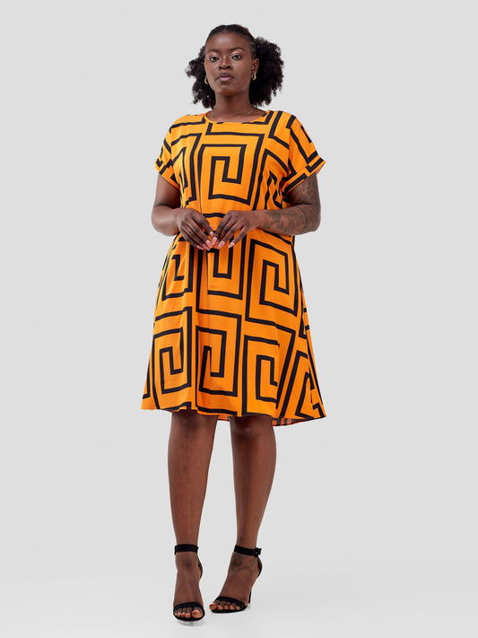Vivo Pesi Drop Shoulder Tent Dress - Yellow / Black Print