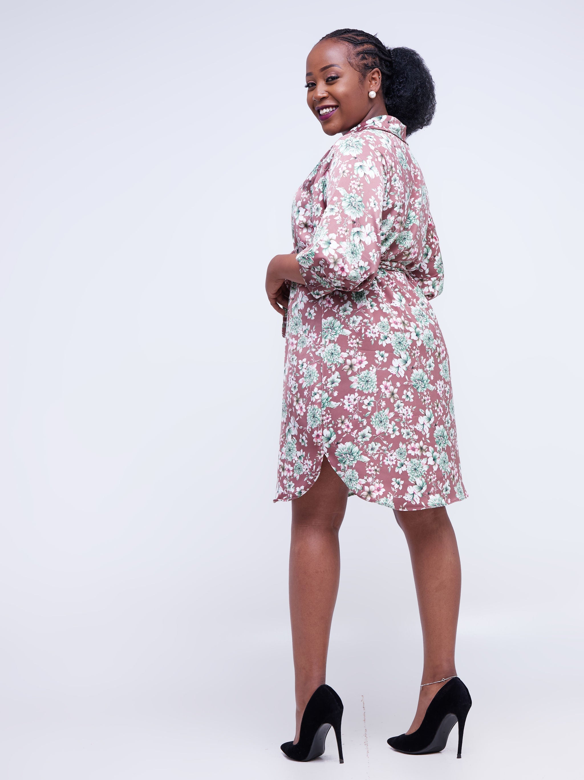 Vivo Thando 3/4 Bishop Sleeve Shirt Dress - Brown Floral Print