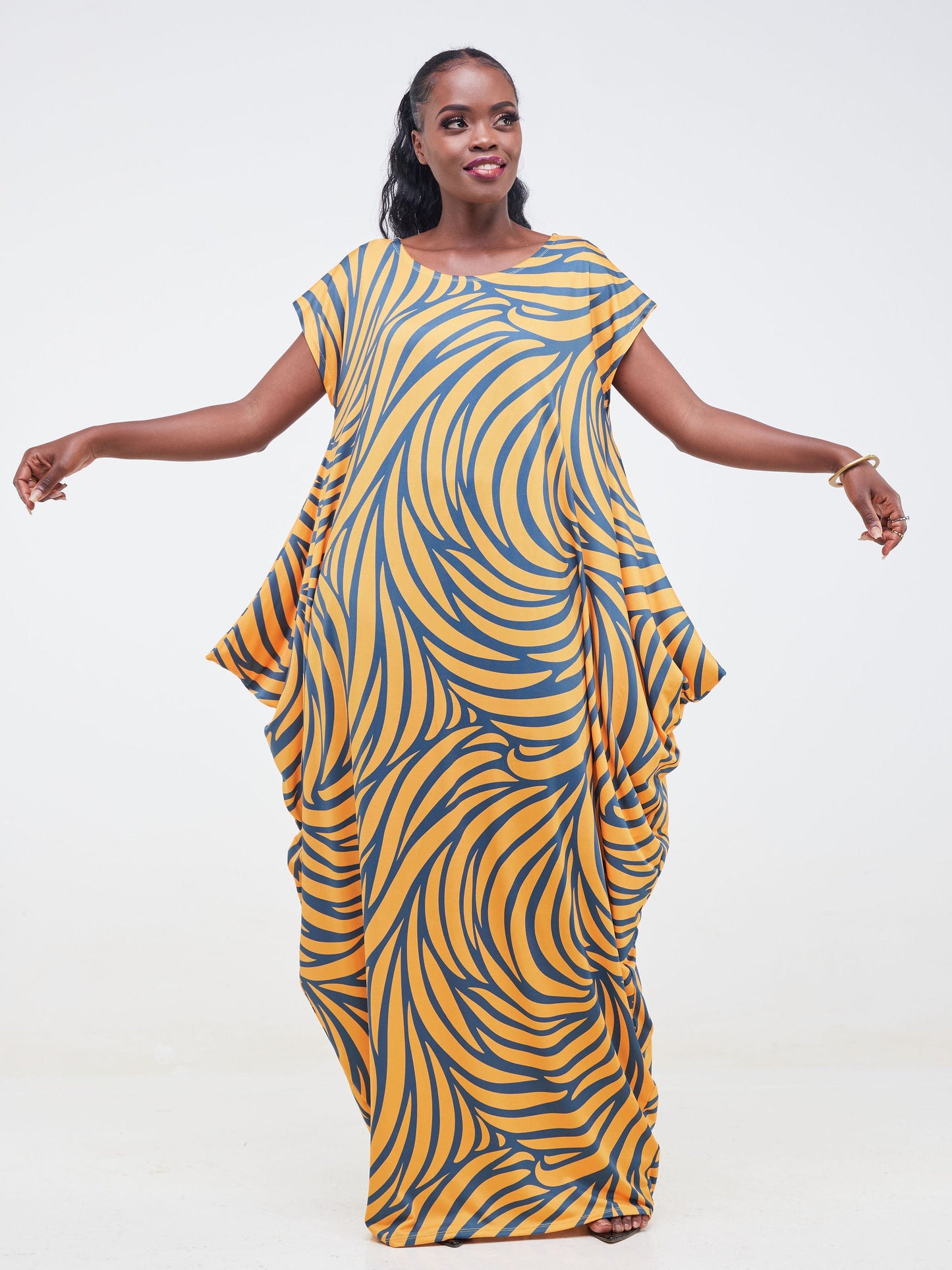 Vivo Lumi Drop Shoulder Maxi Dress - Mustard / Teal Spiral Abstract Print