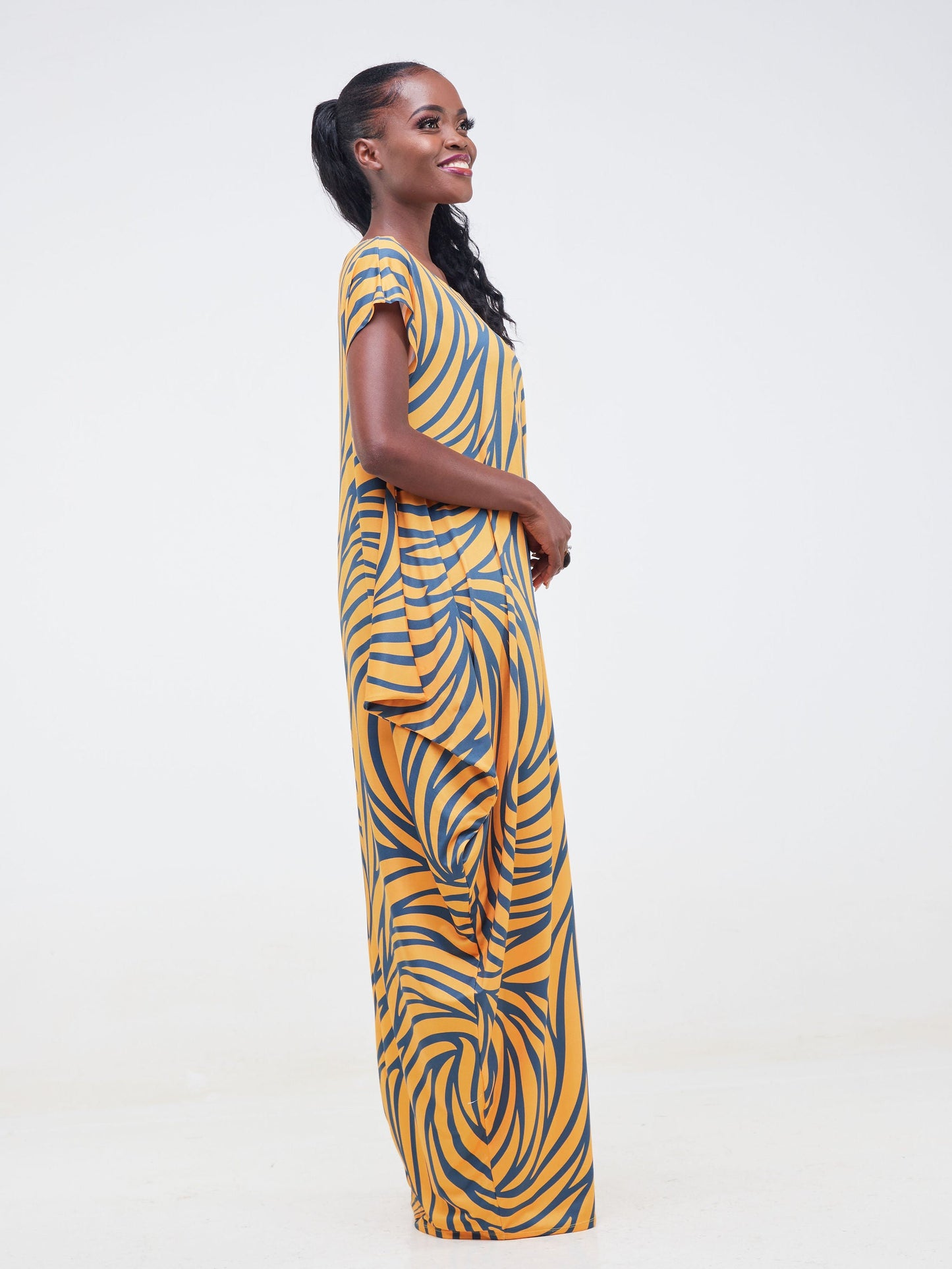 Vivo Lumi Drop Shoulder Maxi Dress - Mustard / Teal Spiral Abstract Print