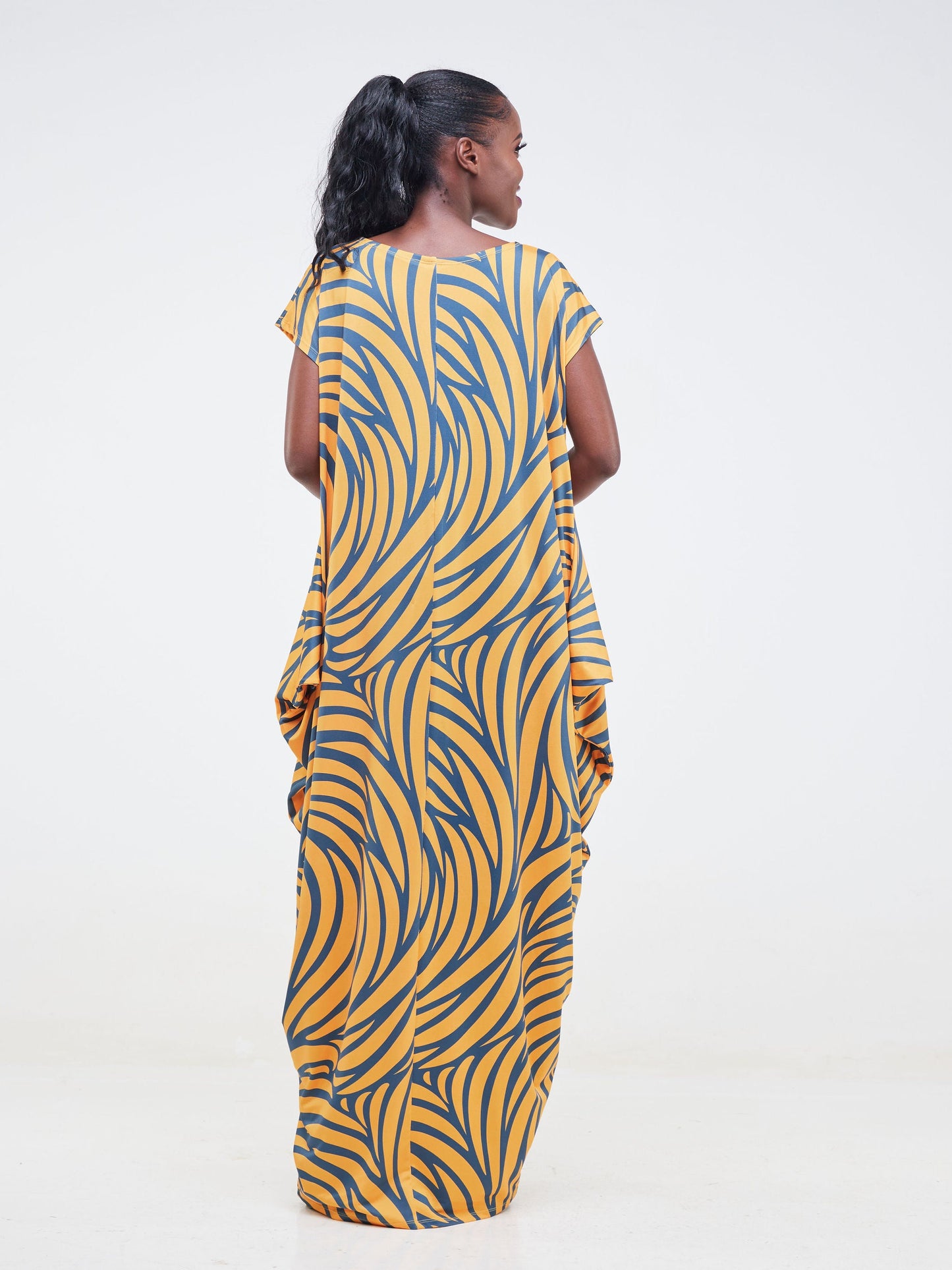 Vivo Lumi Drop Shoulder Maxi Dress - Mustard / Teal Spiral Abstract Print
