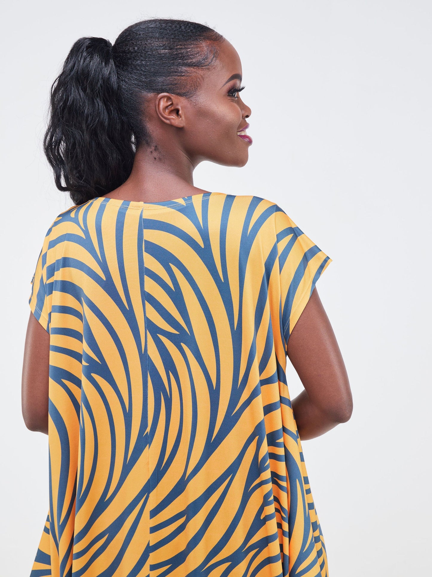 Vivo Lumi Drop Shoulder Maxi Dress - Mustard / Teal Spiral Abstract Print