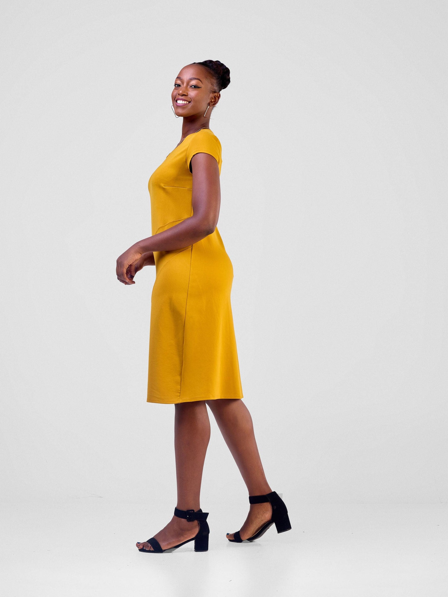 Vivo Fasi Cap Sleeve Asymmetrical Panel A-Line Dress - Mustard