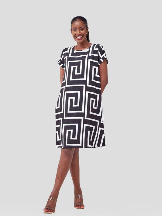 Vivo Pesi Drop Shoulder Tent Dress - White / Black Print