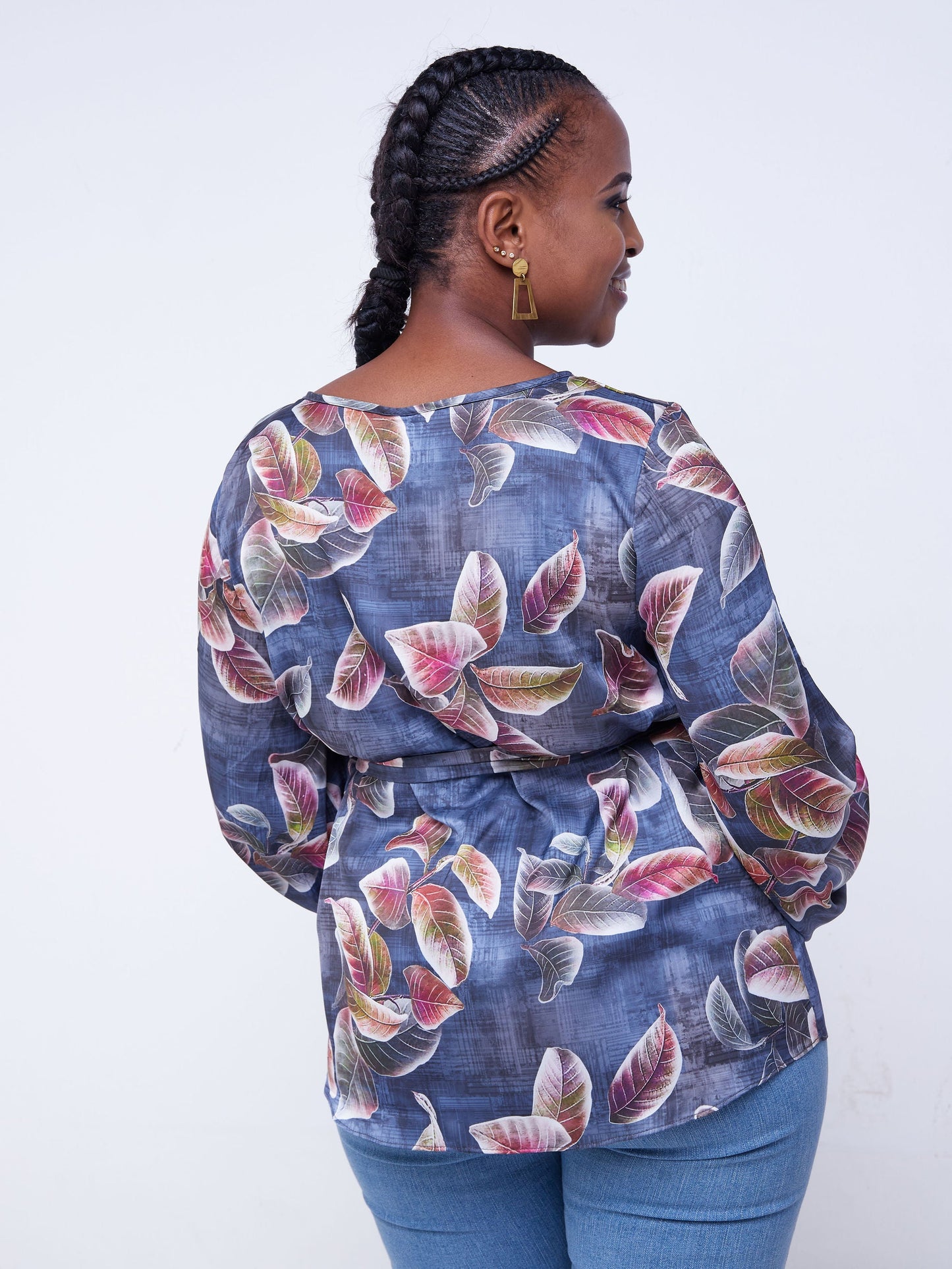 Vivo Basic Satin Bishop Sleeved Top - Purple / Grey Leaf Print