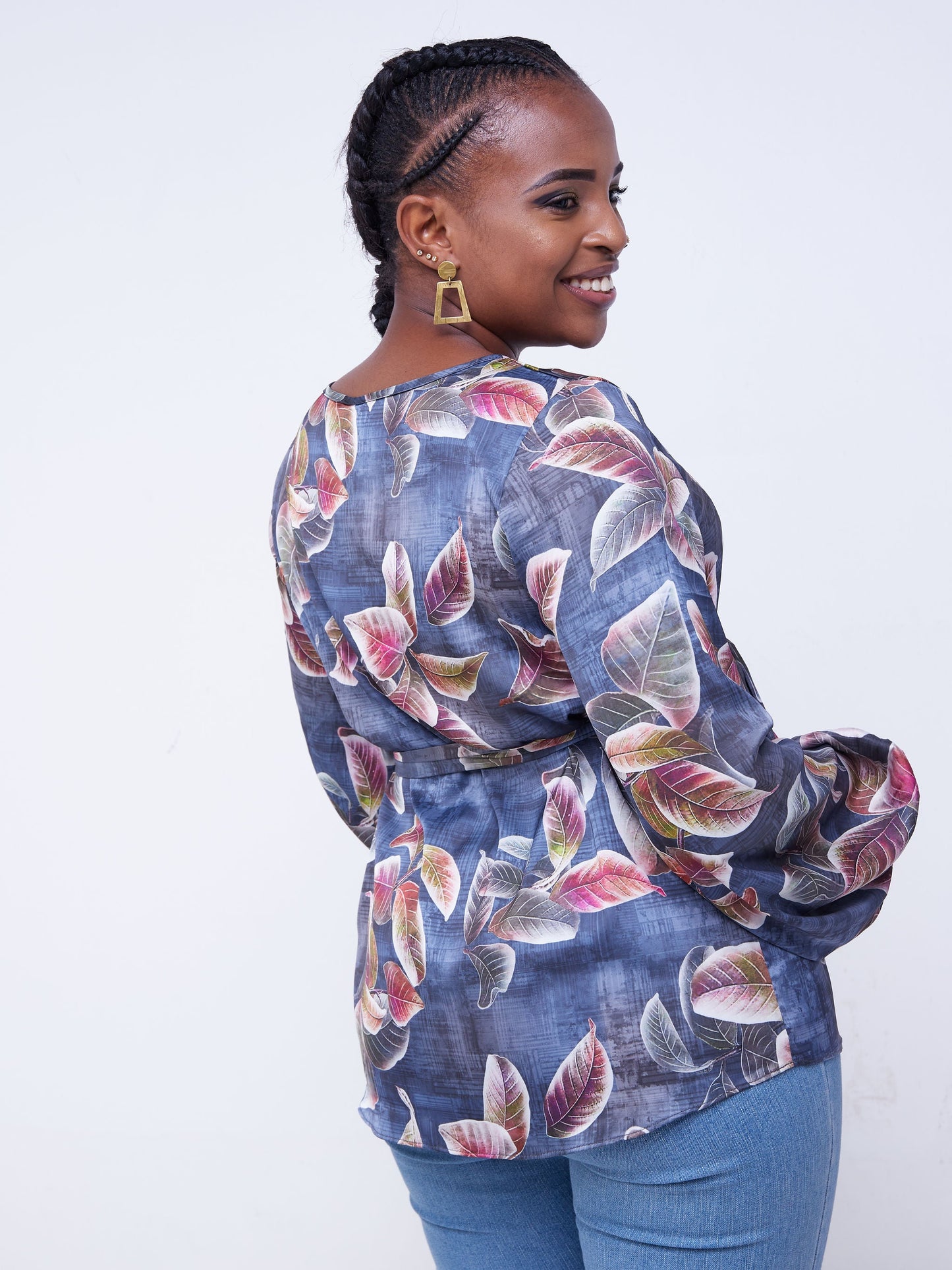 Vivo Basic Satin Bishop Sleeved Top - Purple / Grey Leaf Print