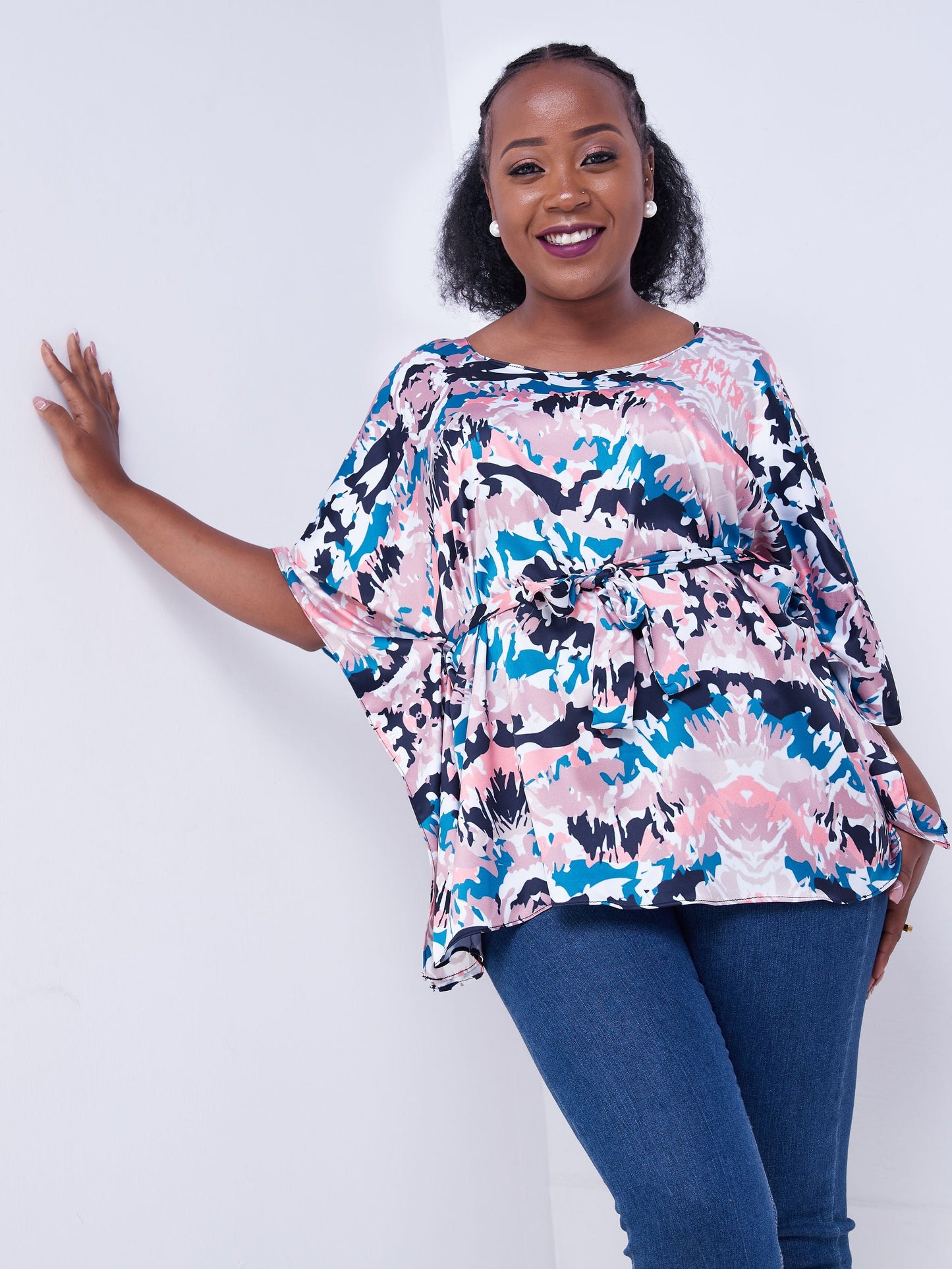 Safari Watamu Satin Top - Pink / Navy Blue Abstract Print