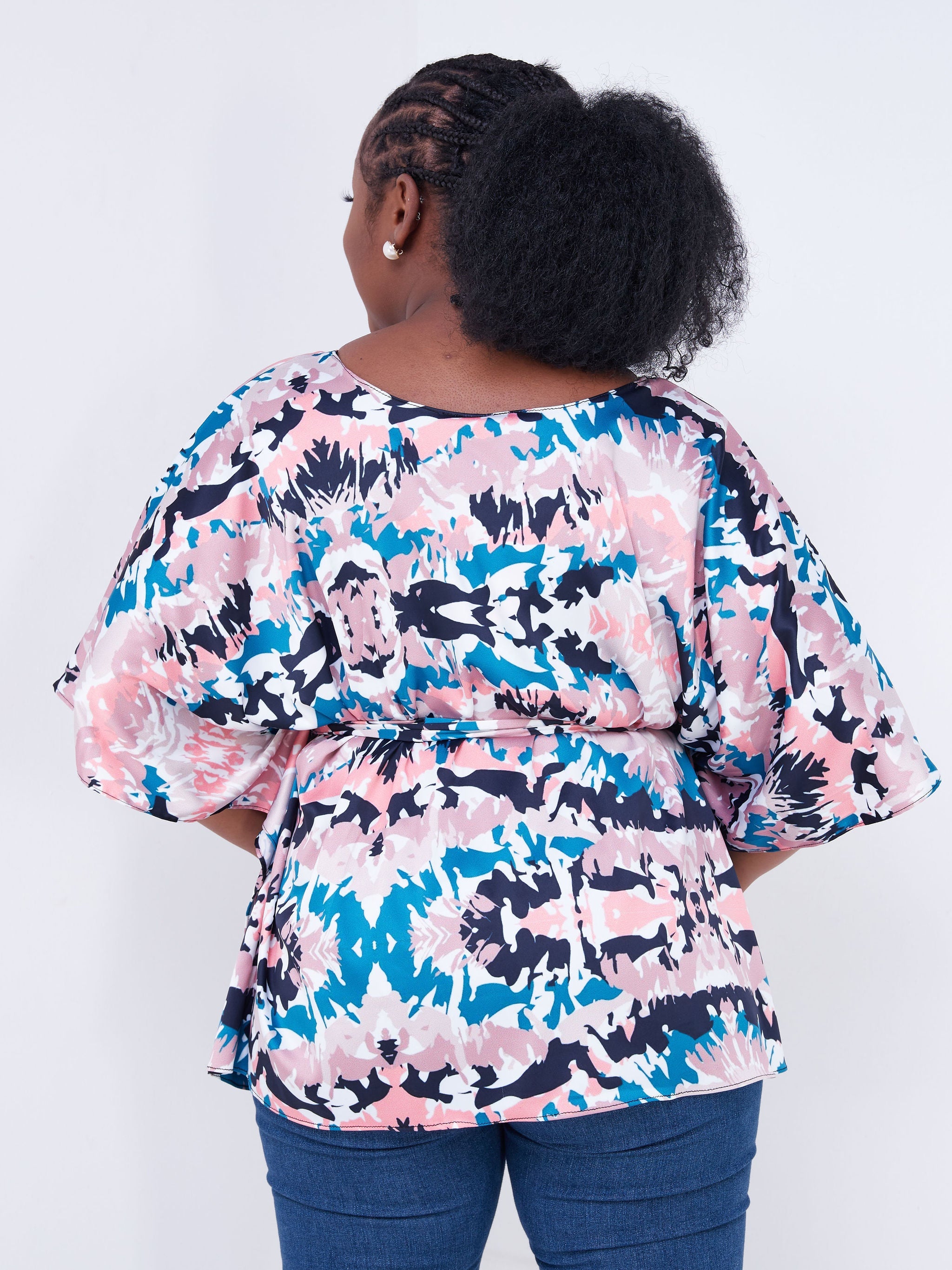 Safari Watamu Satin Top - Pink / Navy Blue Abstract Print