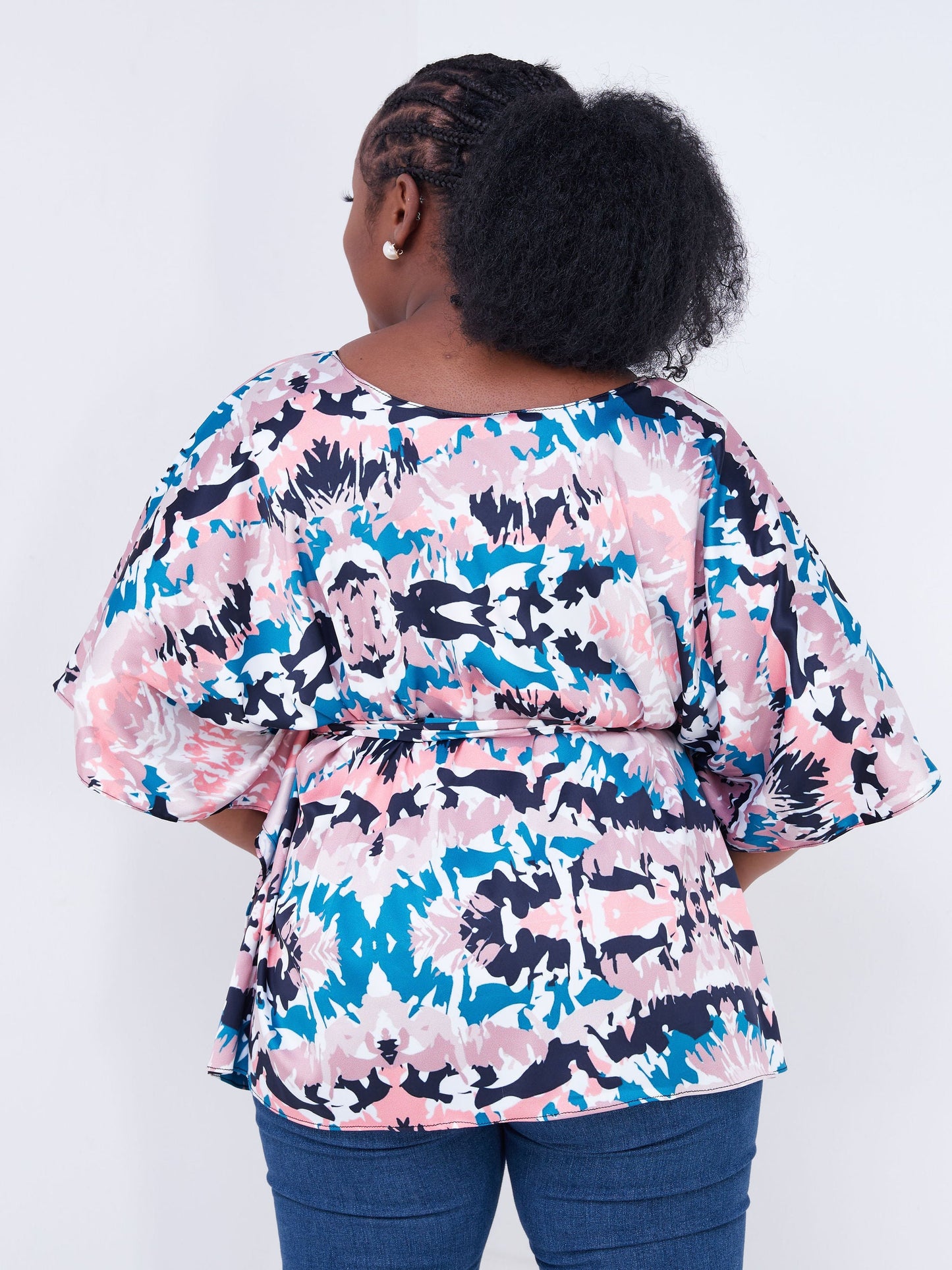 Safari Watamu Satin Top - Pink / Navy Blue Abstract Print