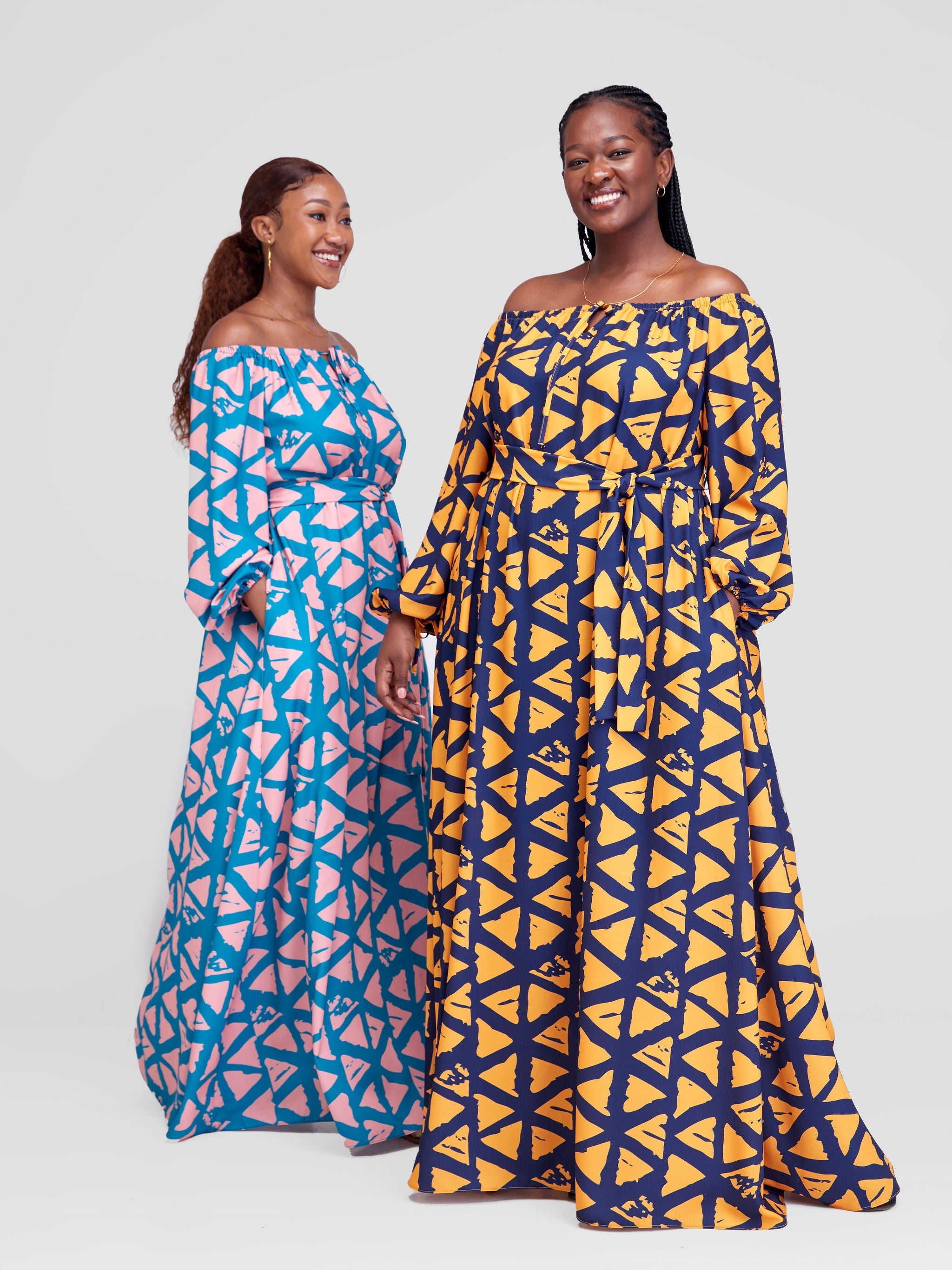Vivo Zahari Off-Shoulder Maxi Dress - Mustard / Navy Blue Triangle Batik Print