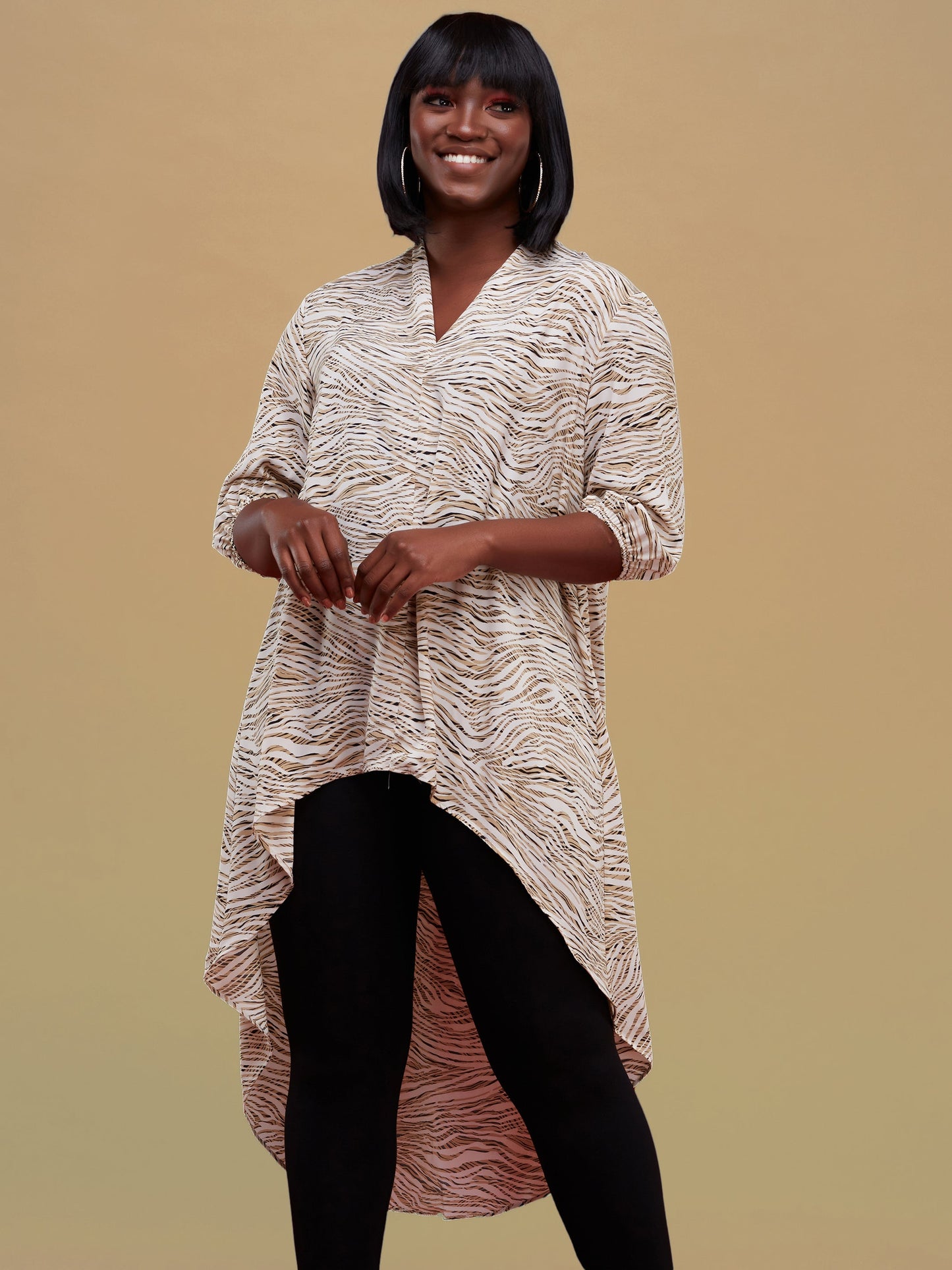 Safari Dua High Low Top - Taupe / Black Print