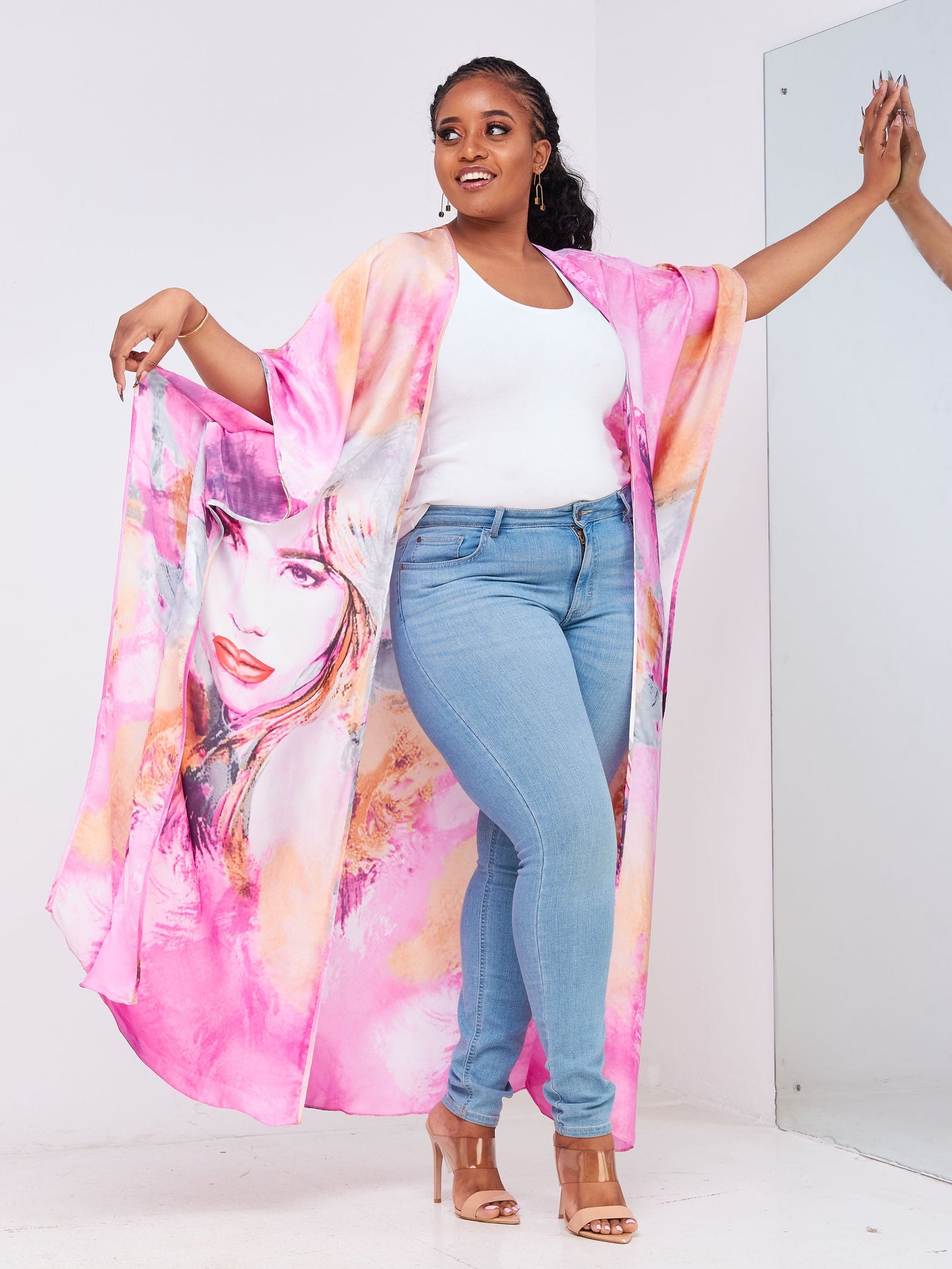 Vivo Diani Satin Maxi Kimono - Pink Tie Dye Abstract Print
