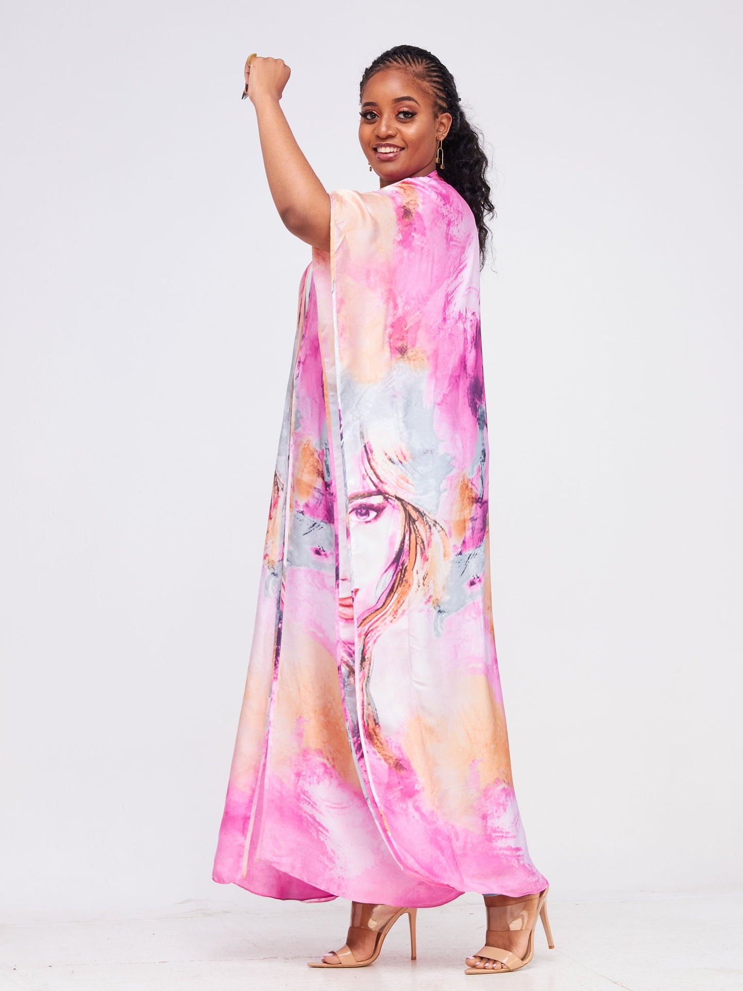 Vivo Diani Satin Maxi Kimono - Pink Tie Dye Abstract Print