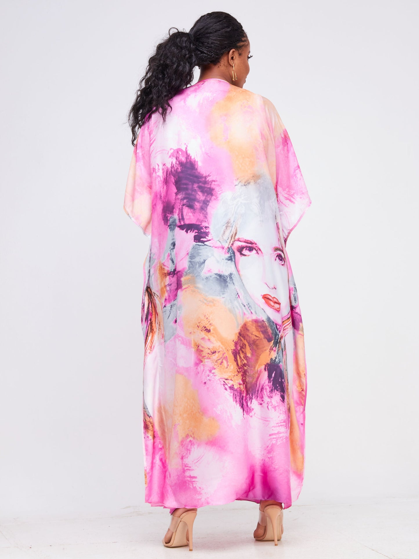 Vivo Diani Satin Maxi Kimono - Pink Tie Dye Abstract Print