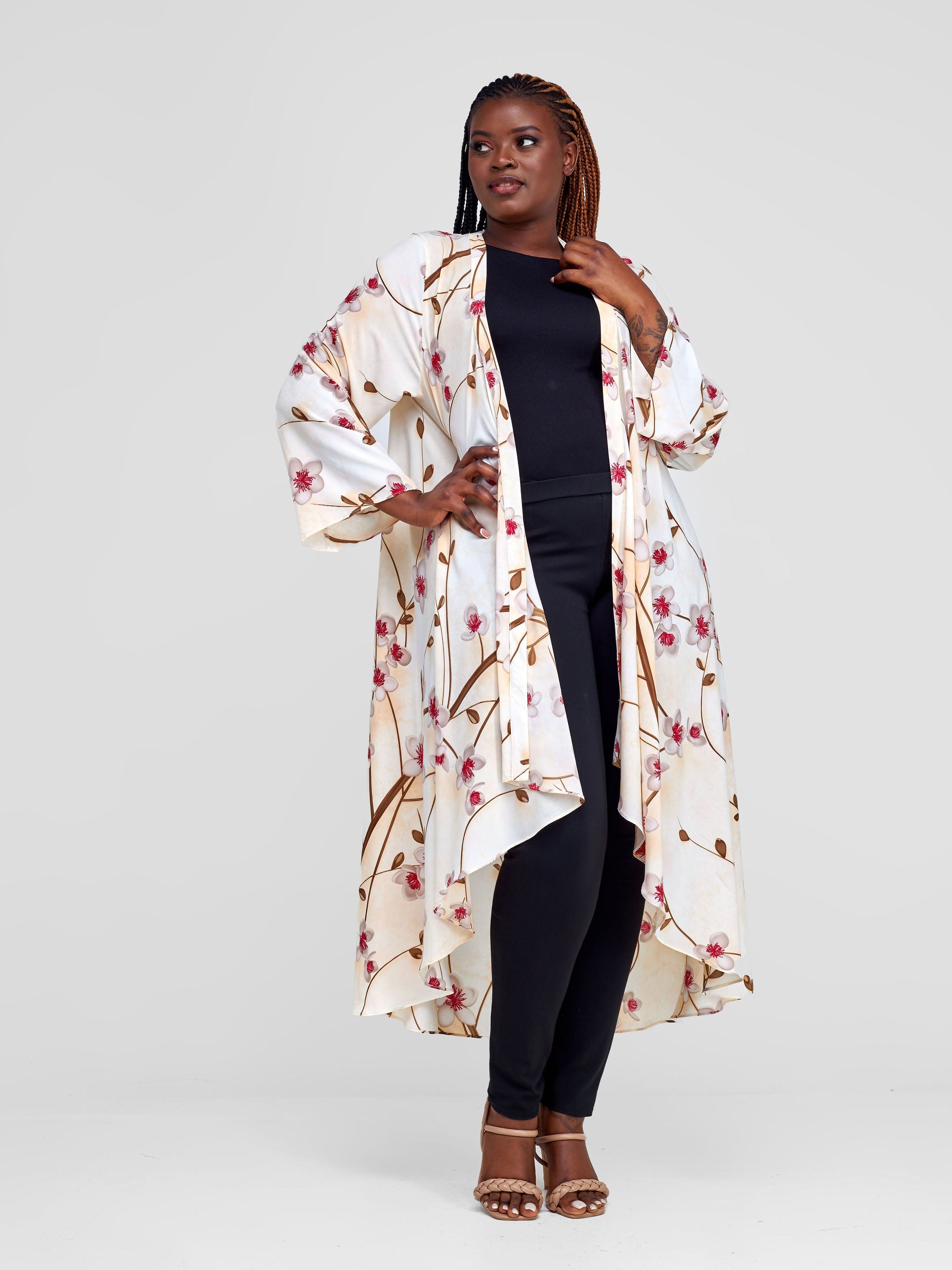 Vivo Maisha Long Sleeve High Low Kimono - Cream / Taupe Floral Print