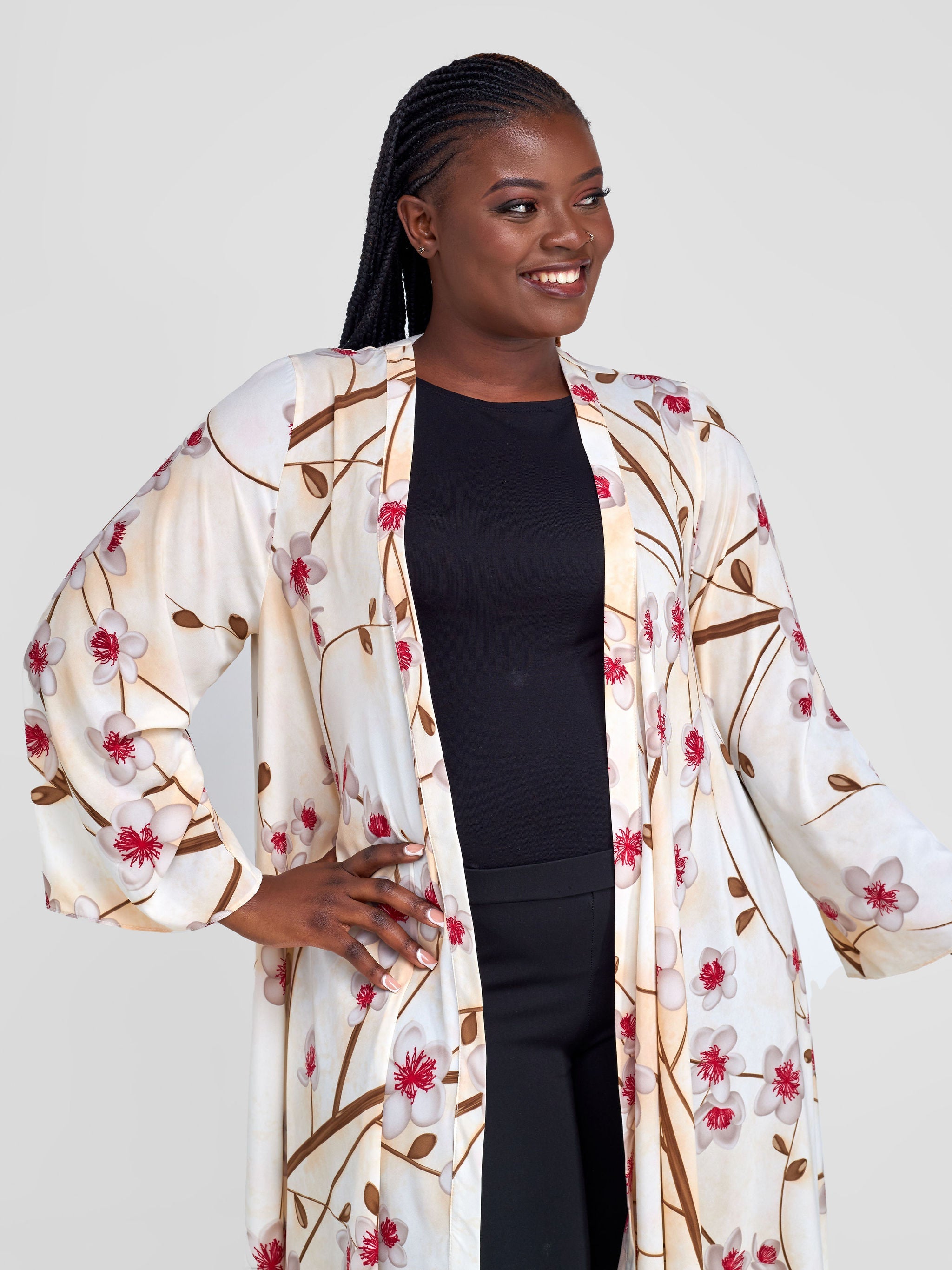Vivo Maisha Long Sleeve High Low Kimono - Cream / Taupe Floral Print
