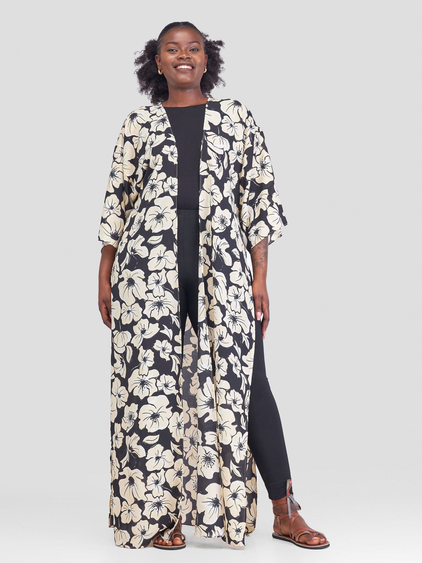 Vivo Maisha High Slit Kimono - Cream Black Print