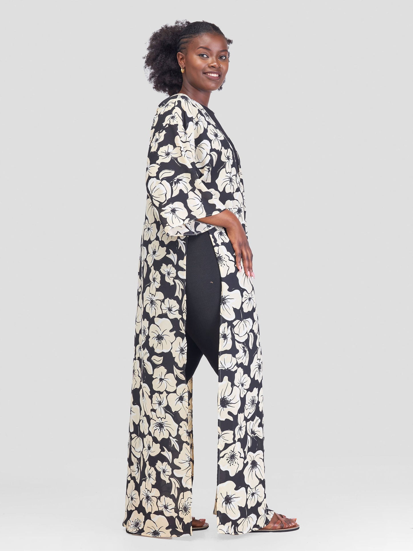 Vivo Maisha High Slit Kimono - Cream Black Print