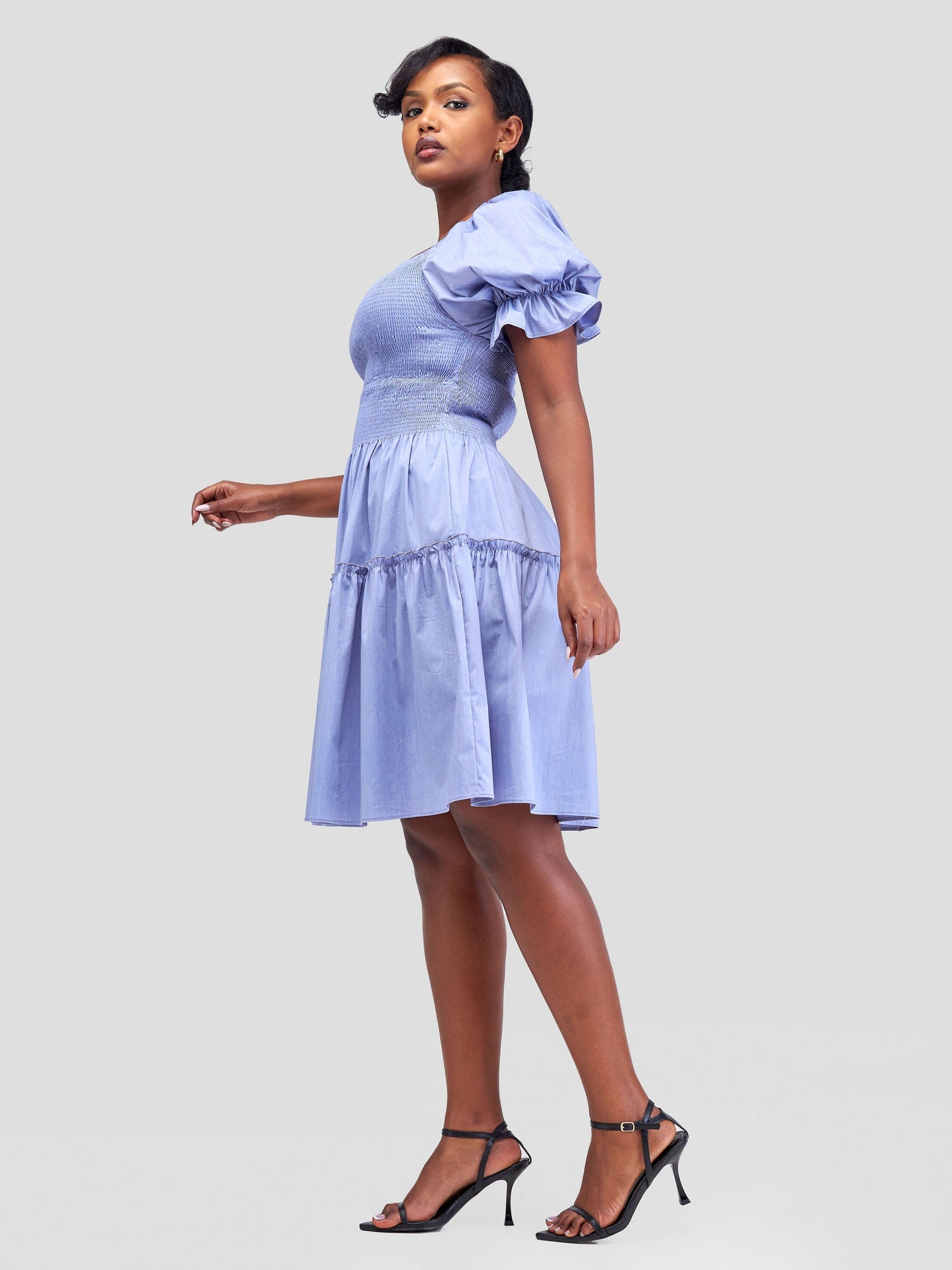Safari Mara Shirred Bishop Sleeve Dress - Light Blue