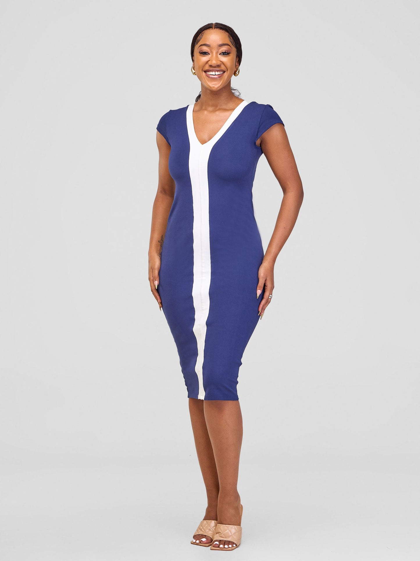 Vivo Arafa V-Neck Bodycon - Navy Blue / White
