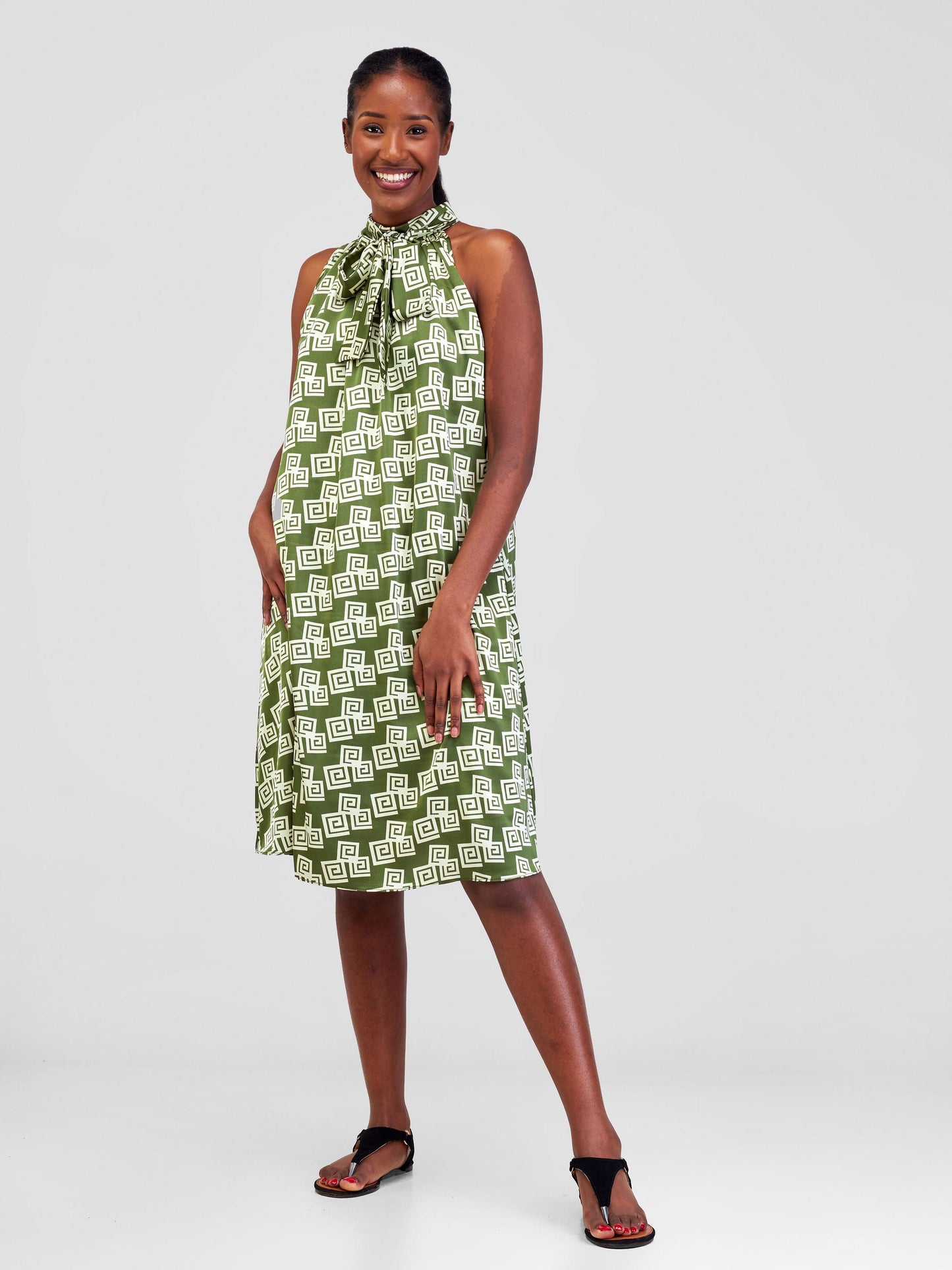 Vivo Jamila Halter Neck Knee Length Dress - Green / Cream Geometric Print