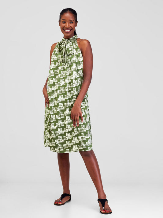 Vivo Jamila Halter Neck Knee Length Dress - Green / Cream Geometric Print