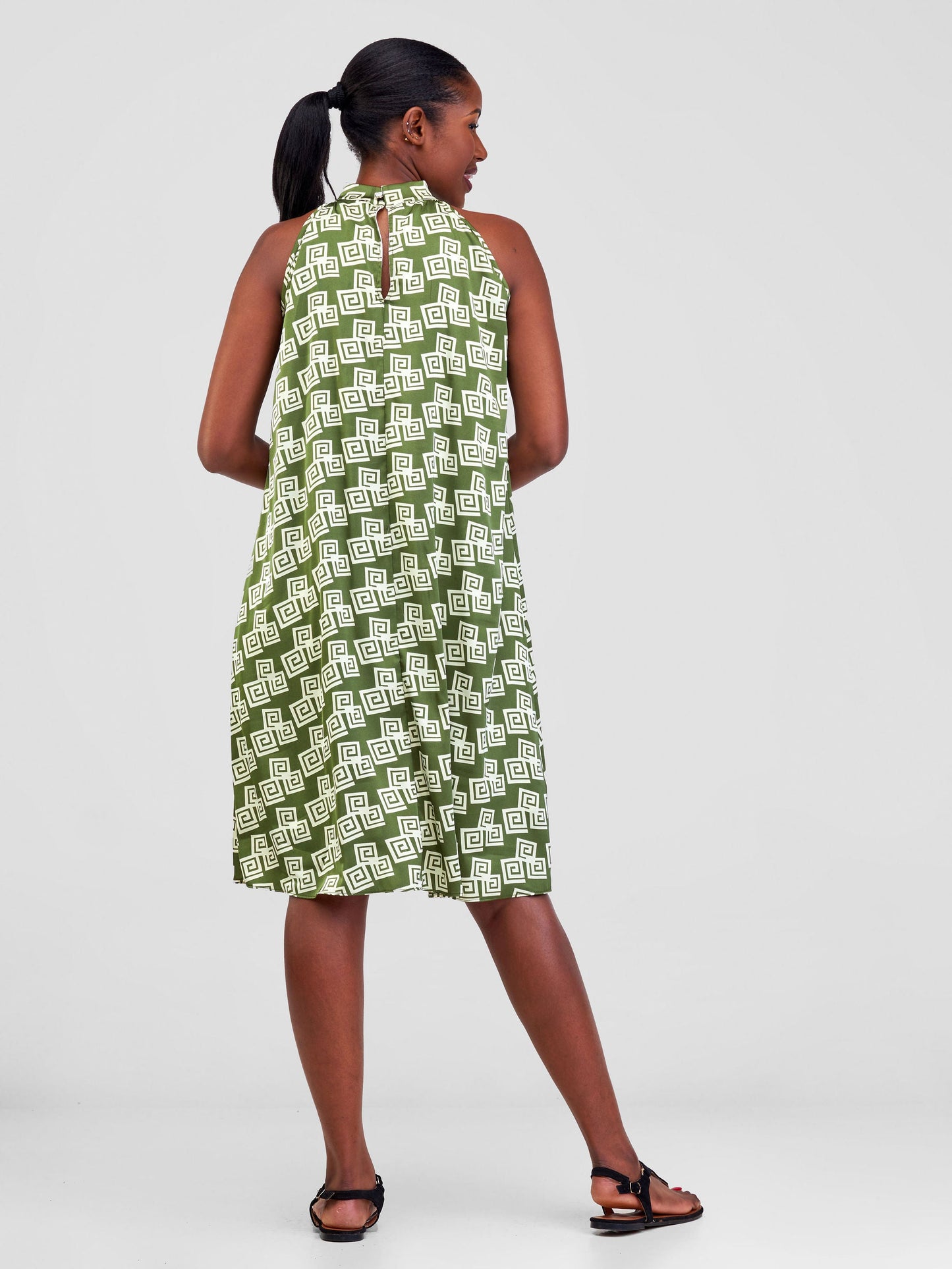 Vivo Jamila Halter Neck Knee Length Dress - Green / Cream Geometric Print