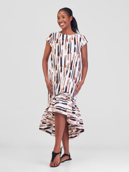 Vivo Ayana Cap Sleeve High Low Tent Dress - Cream / Brown Print