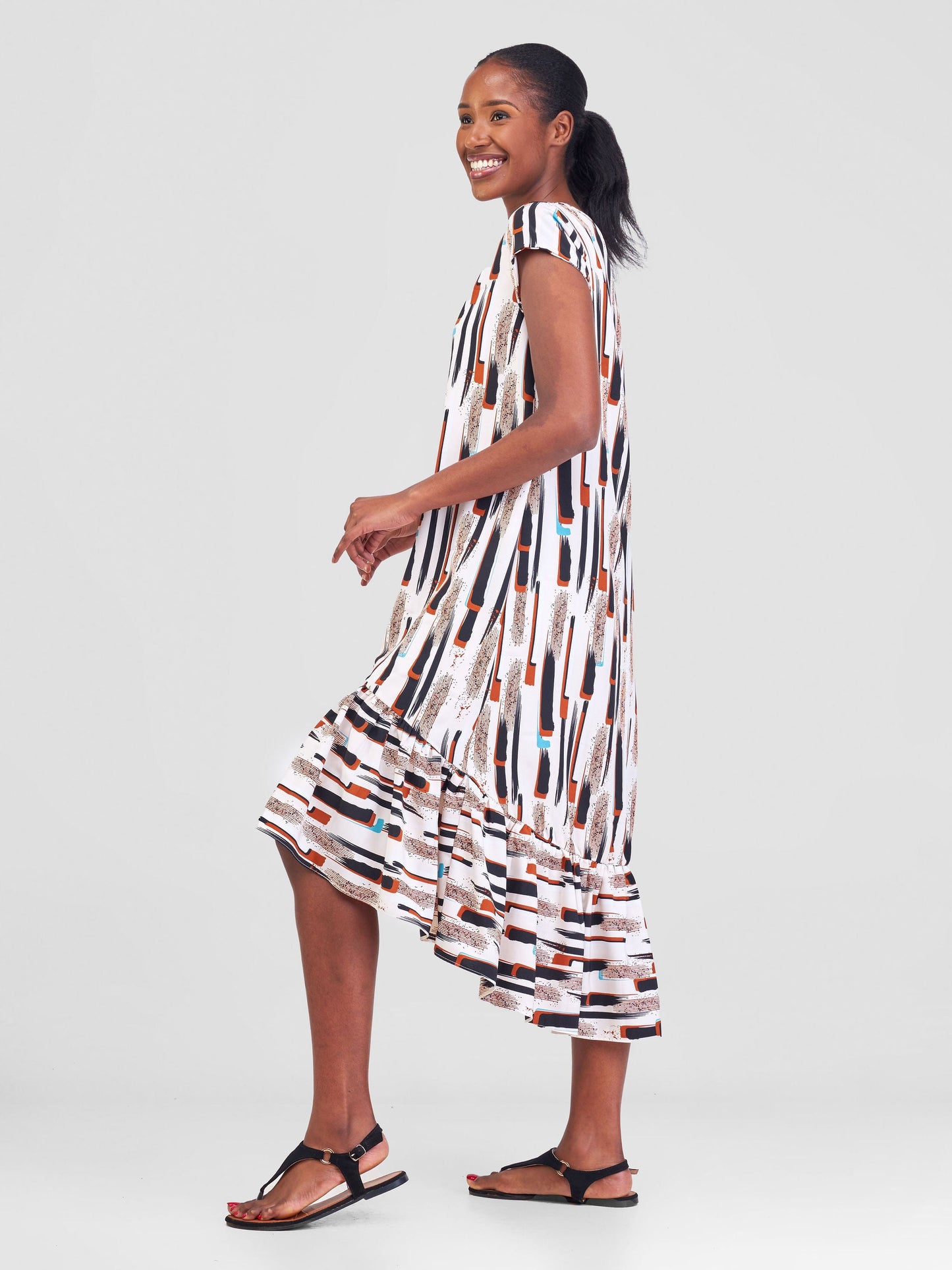 Vivo Ayana Cap Sleeve High Low Tent Dress - Cream / Brown Print