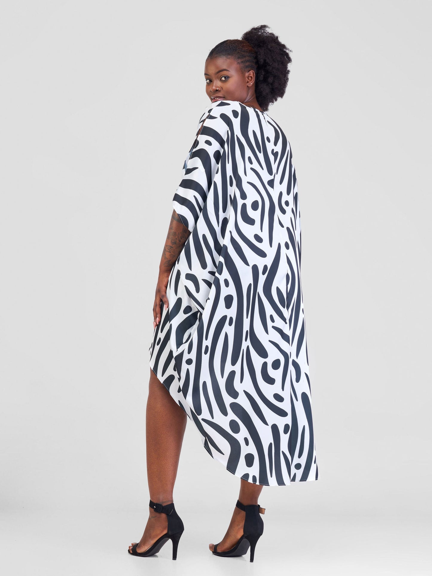 Vivo Lani Satin High Low Dress - Off-White / Black Print