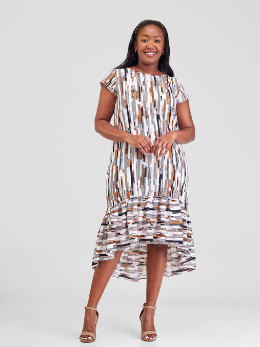 Vivo Ayana Cap Sleeve High Low Tent Dress - Brown Print