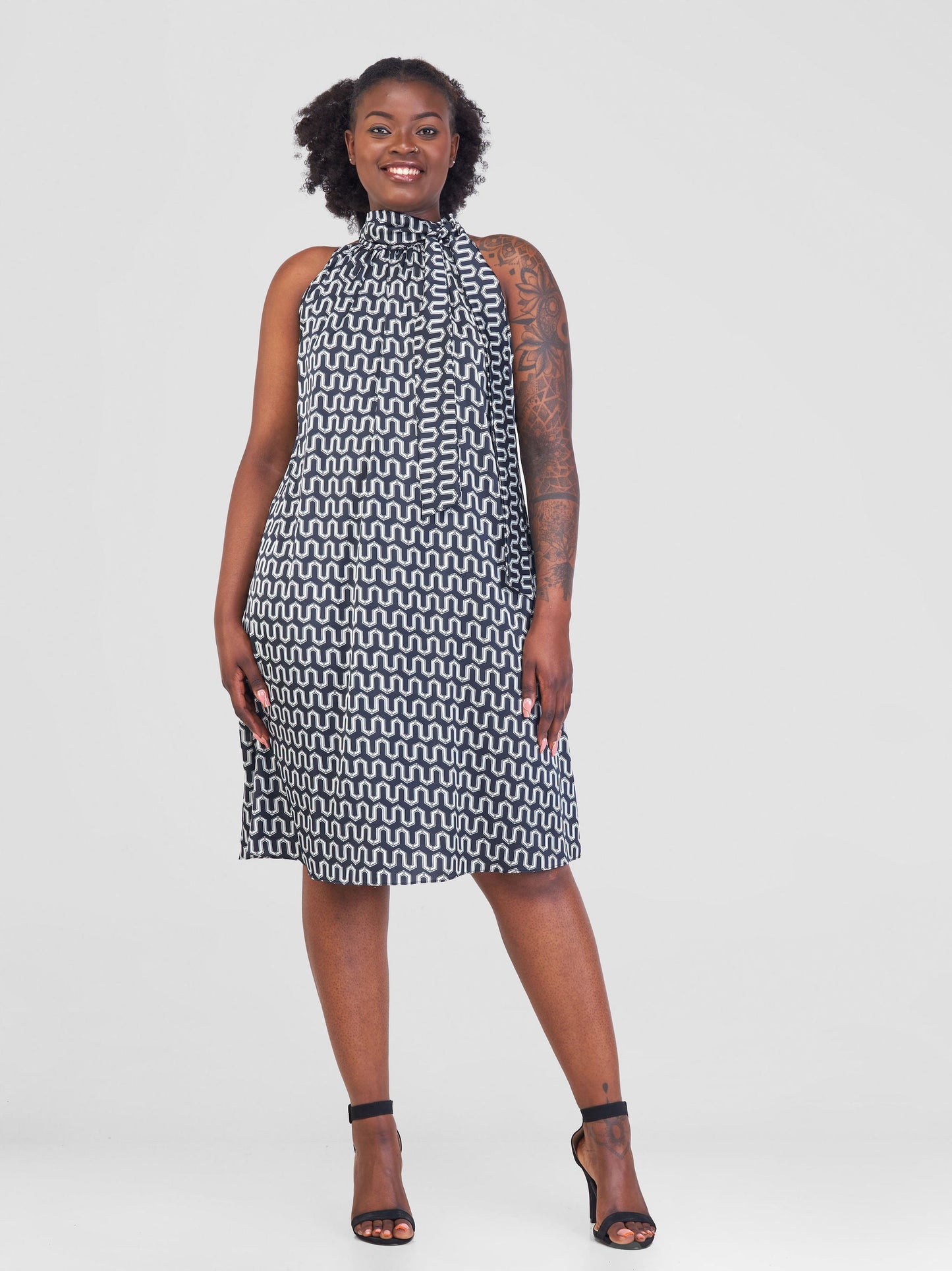 Vivo Jamila Halter Neck Knee Length Dress - Black / White Geometric Print