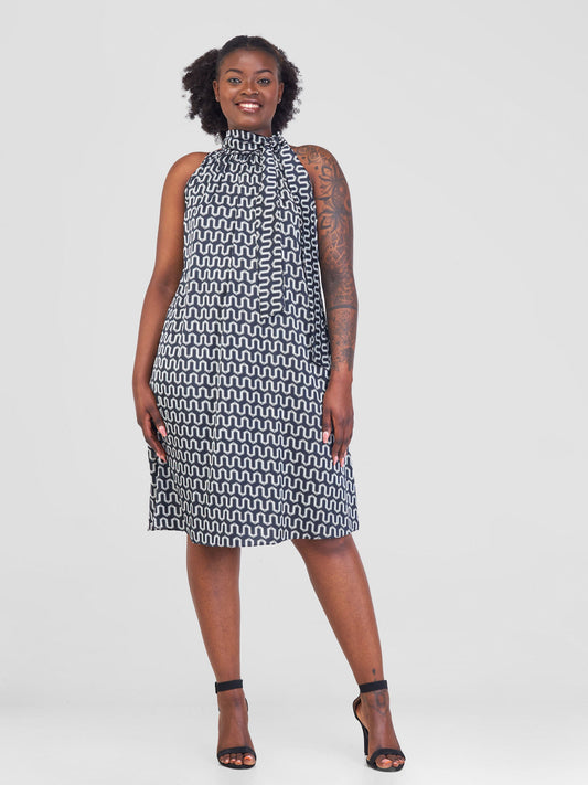 Vivo Jamila Halter Neck Knee Length Dress - Black / White Geometric Print