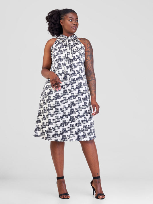 Vivo Jamila Halter Neck Knee Length Dress - Cream / Black Geometric Print